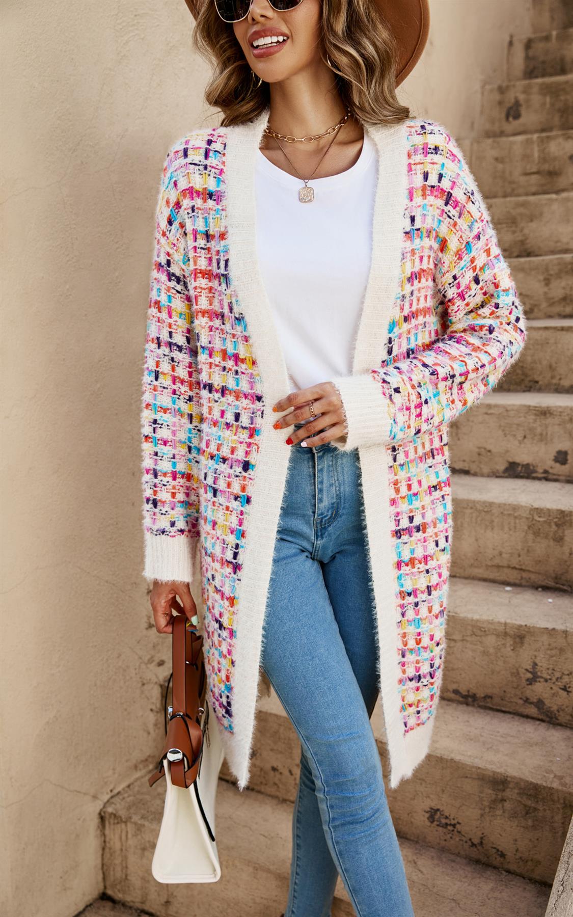 Cream Boucle Check Cardigan In Rainbow Multicolour Speckles - AXON