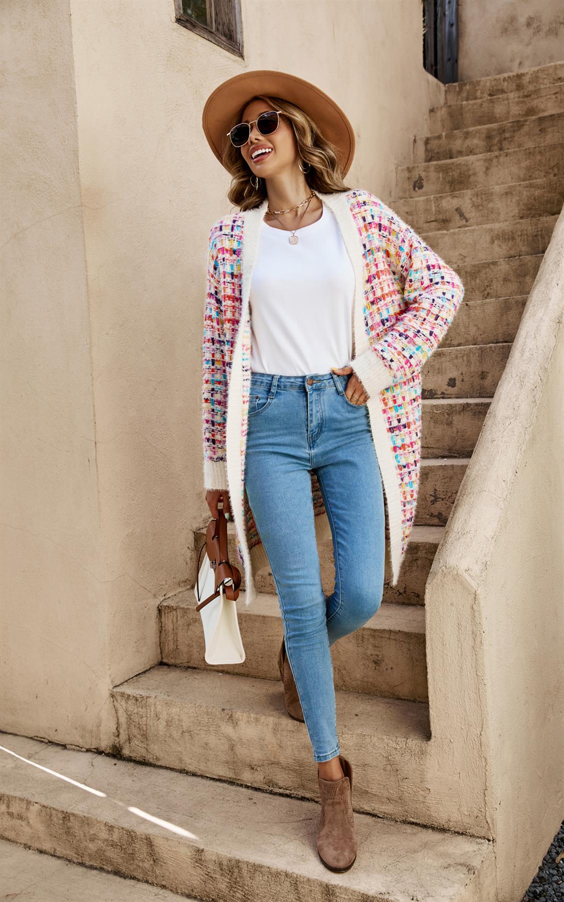 Cream Boucle Check Cardigan In Rainbow Multicolour Speckles - AXON