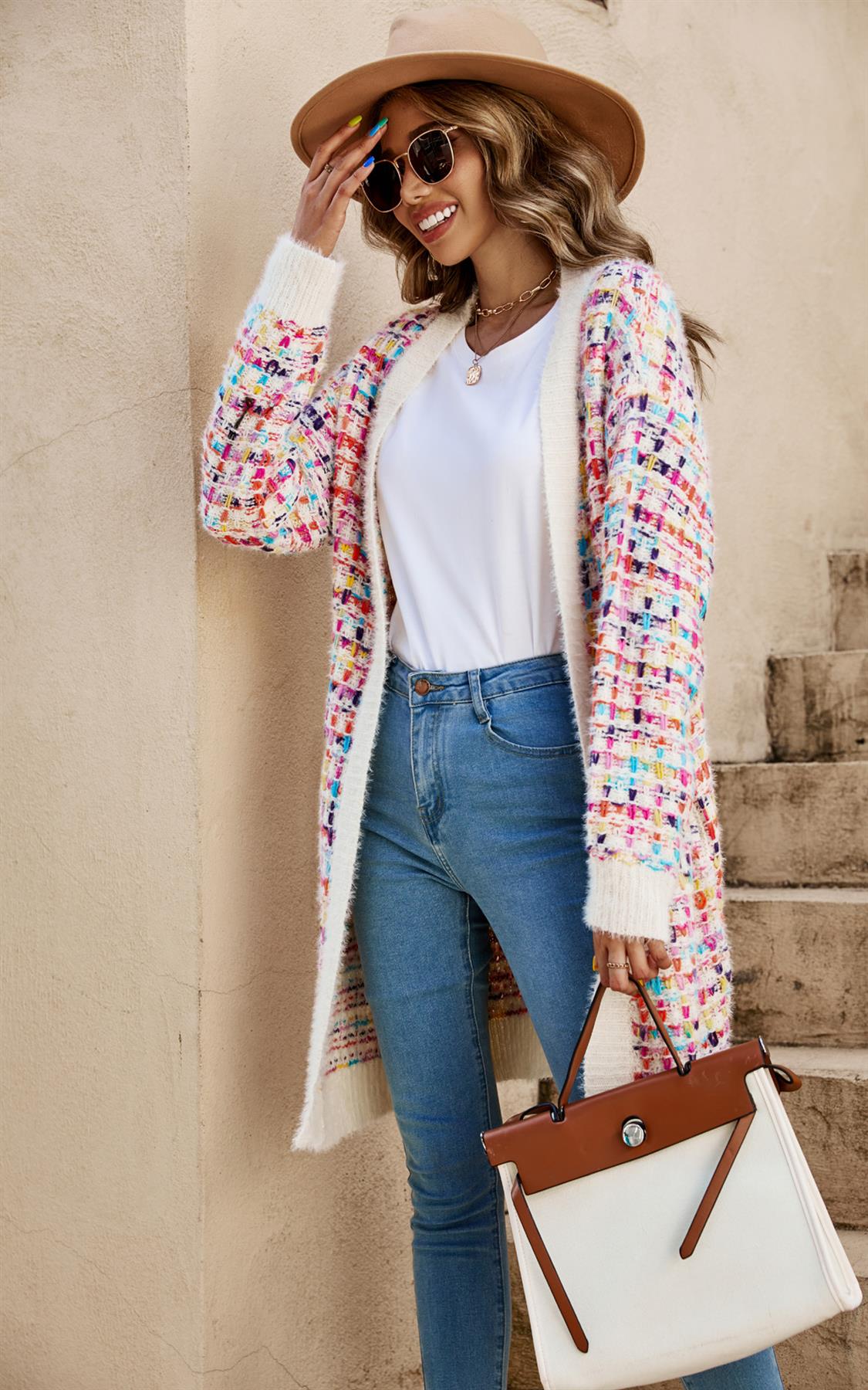 Cream Boucle Check Cardigan In Rainbow Multicolour Speckles - AXON