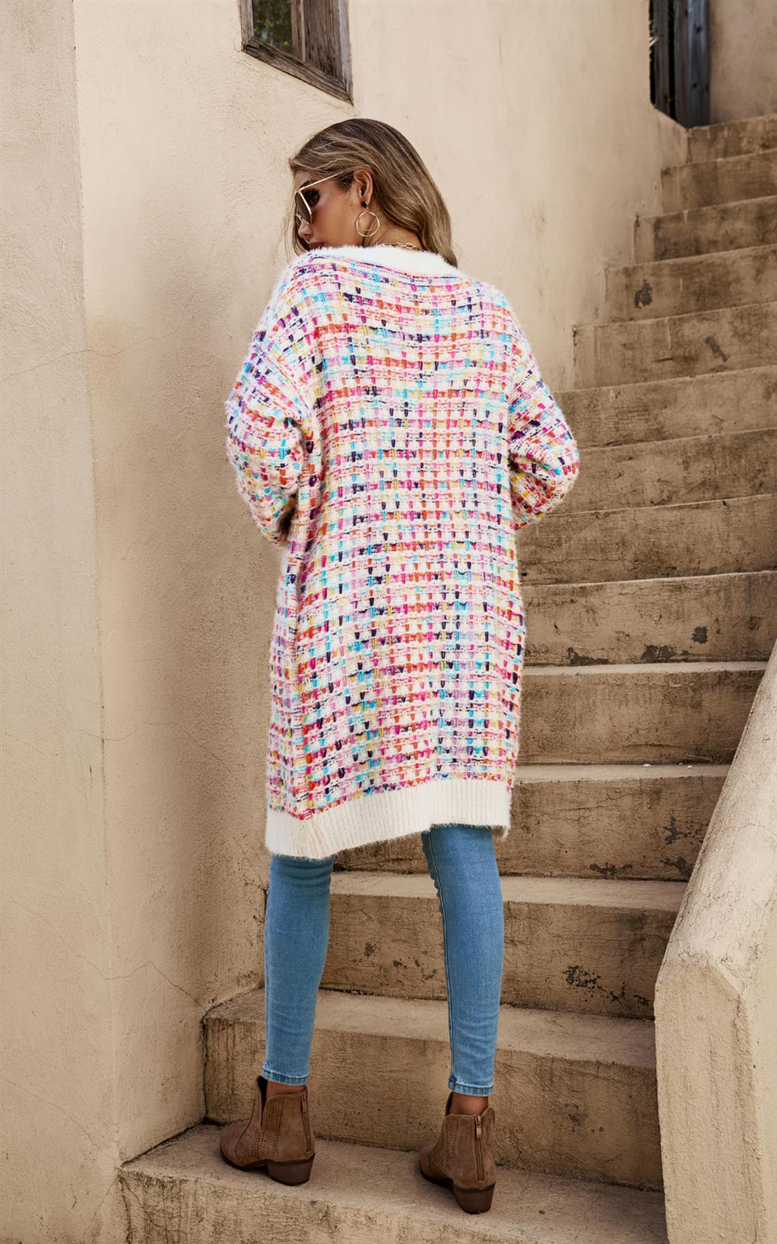 Cream Boucle Check Cardigan In Rainbow Multicolour Speckles - AXON