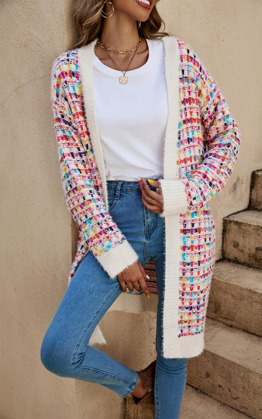 Cream Boucle Check Cardigan In Rainbow Multicolour Speckles - AXON