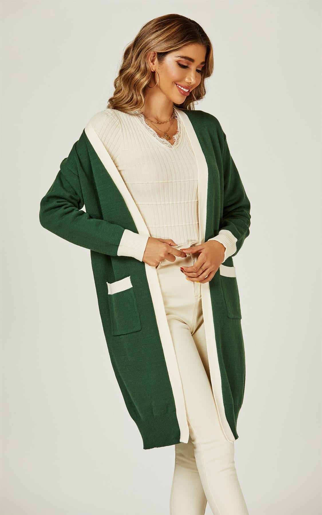 Cream Stripe Cardigan In Green - AXON
