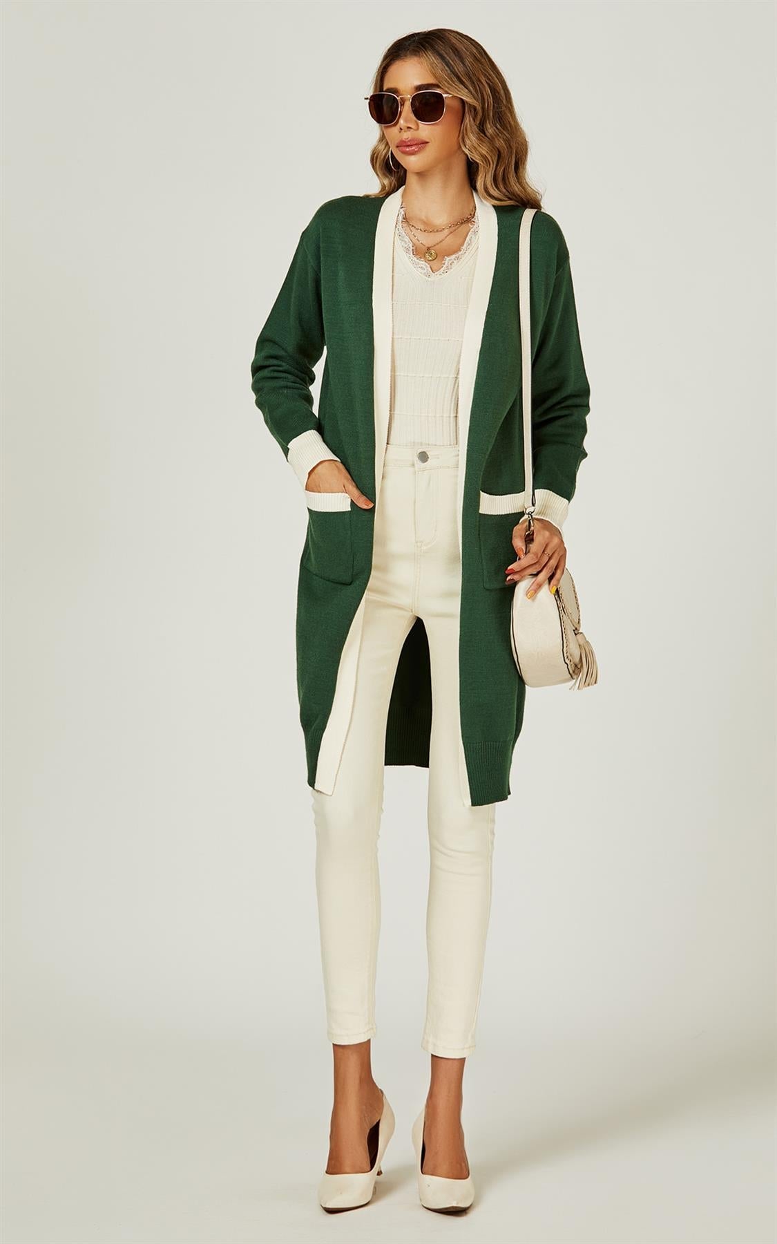 Cream Stripe Cardigan In Green - AXON
