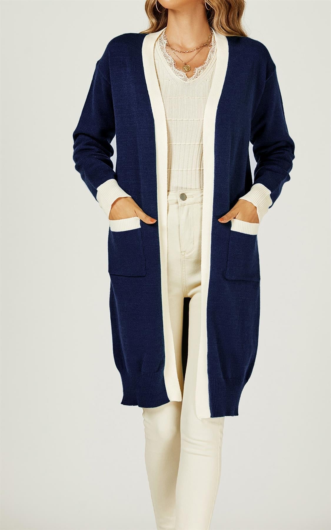 Cream Stripe Cardigan In Navy - AXON