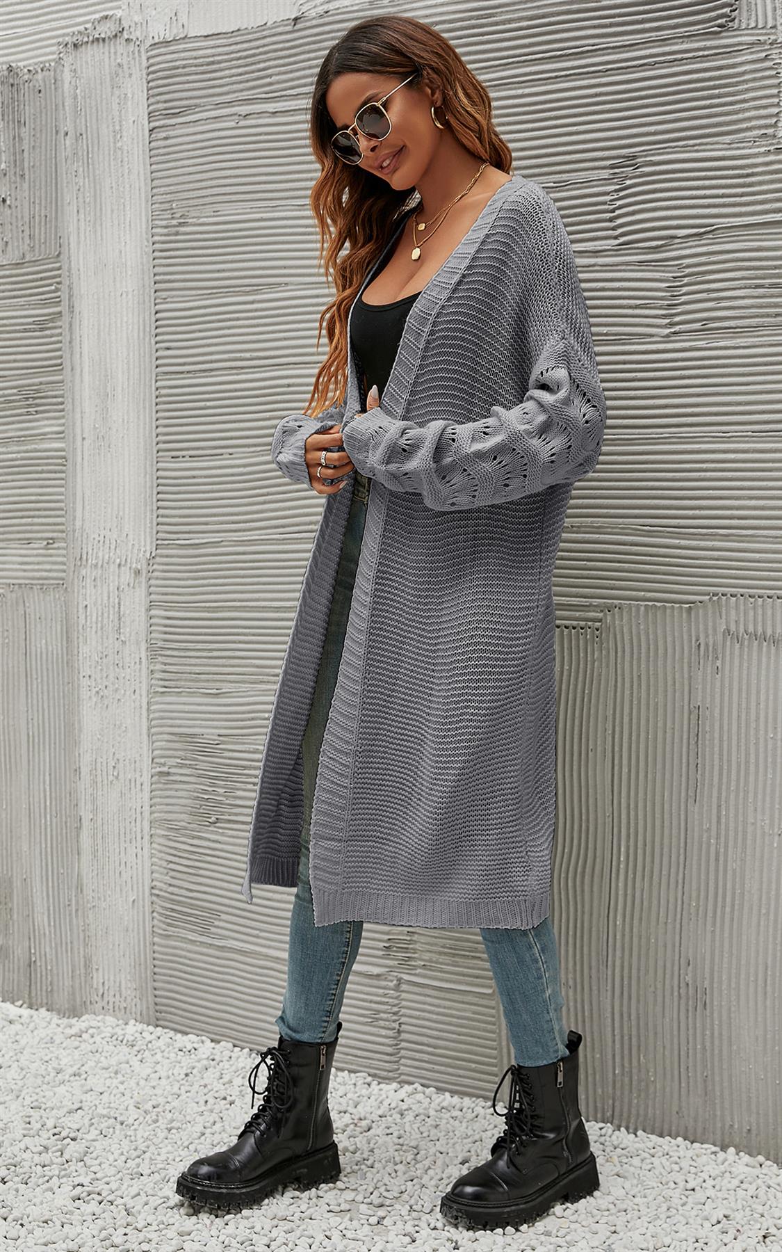 Crocheted Style Sleeves Cardigan Top In Grey - AXON