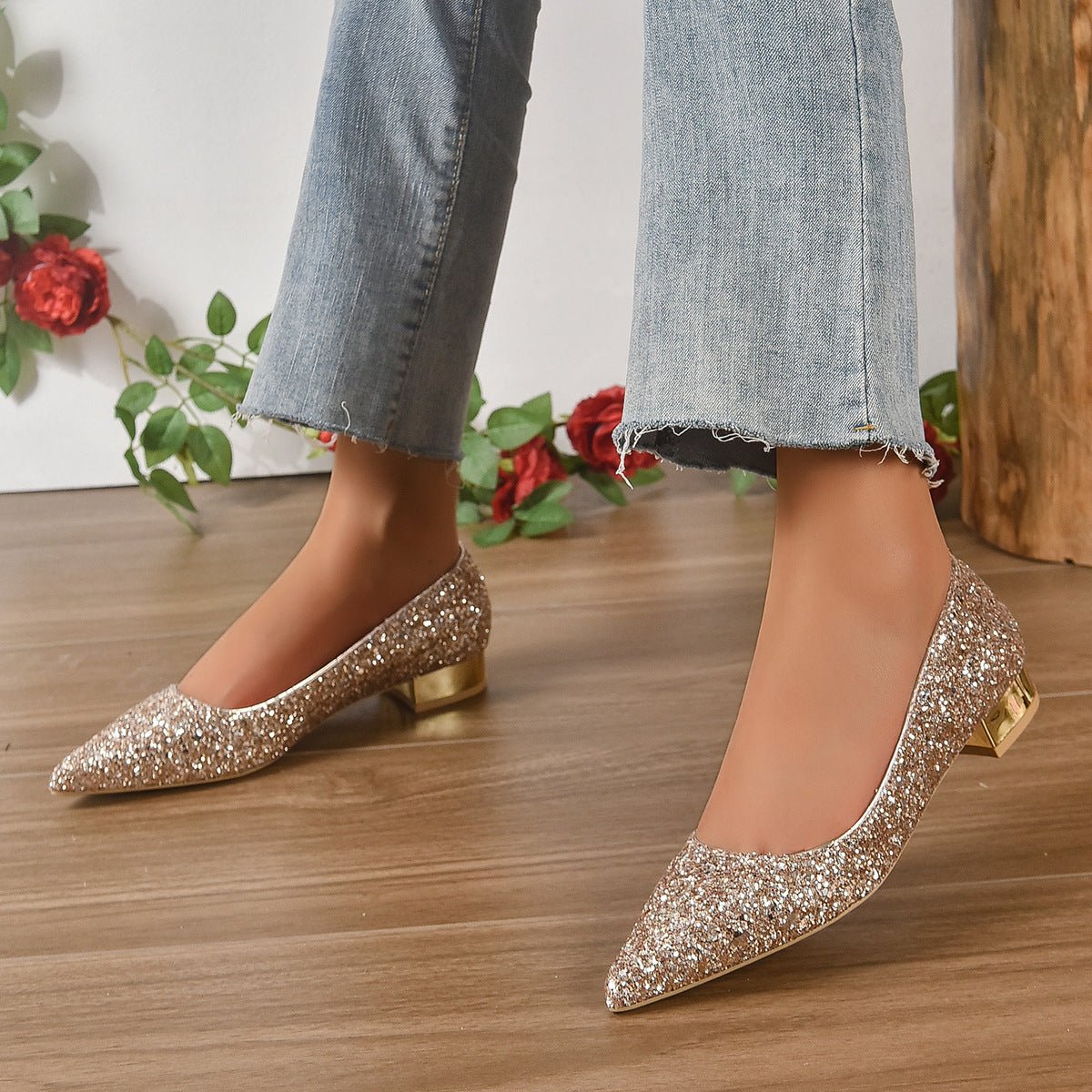 Crystal Sequins Low Heel Shoes Women - AXON