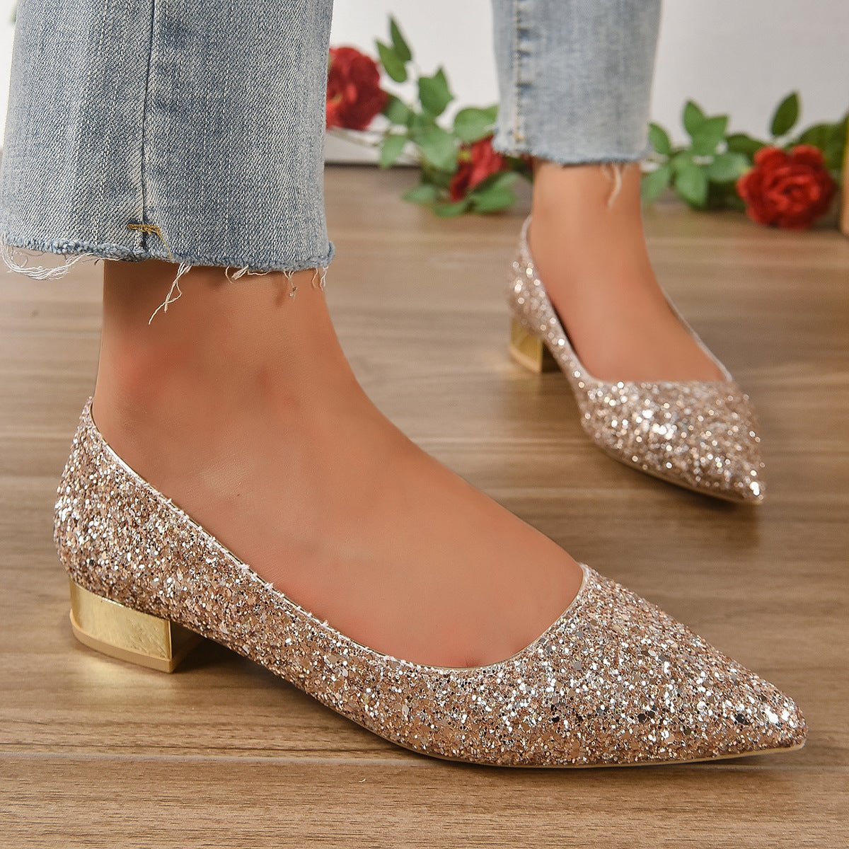 Crystal Sequins Low Heel Shoes Women - AXON