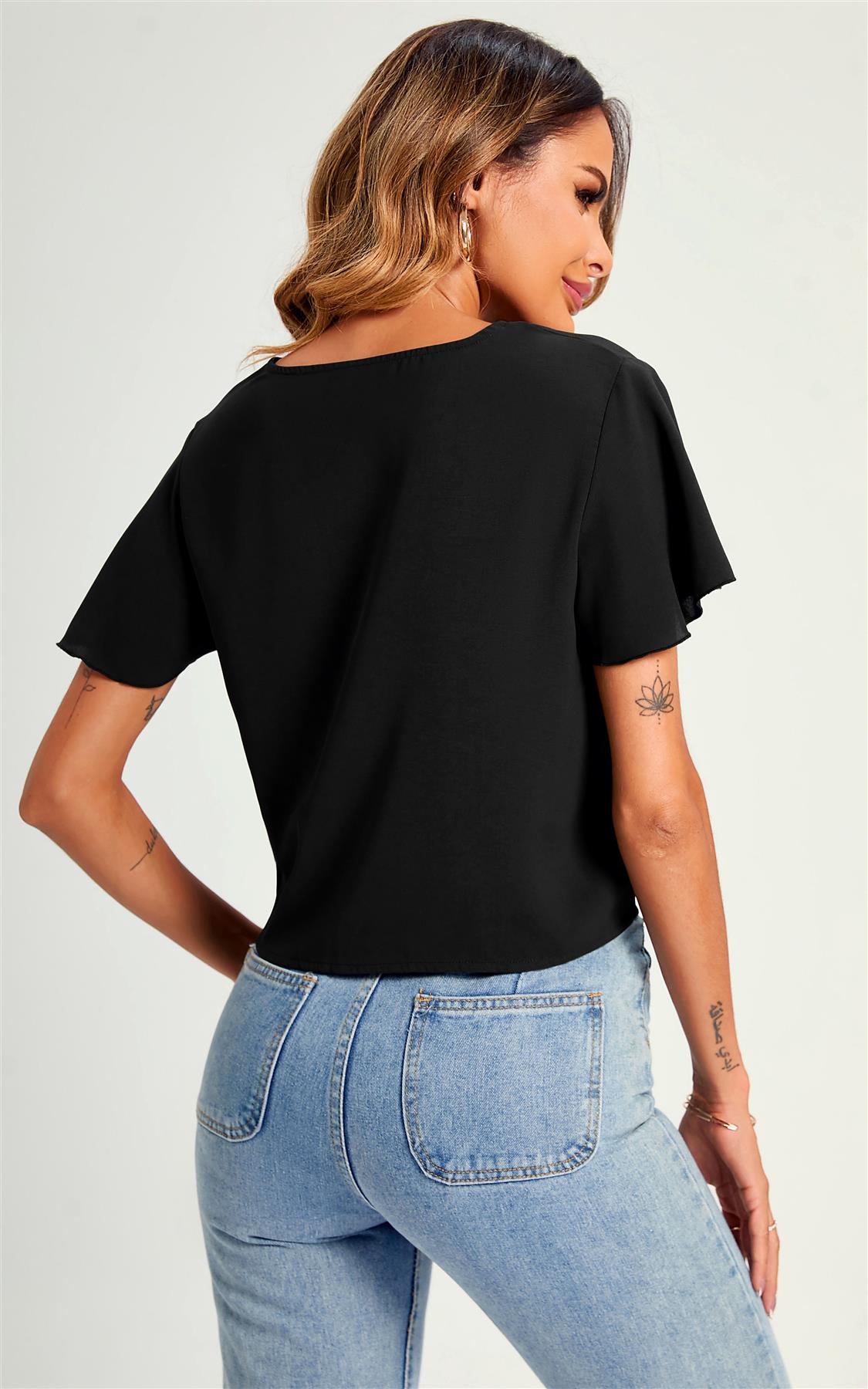 Cute Tie Knot Front Buttoned Crop T Shirt Top In Black - AXON