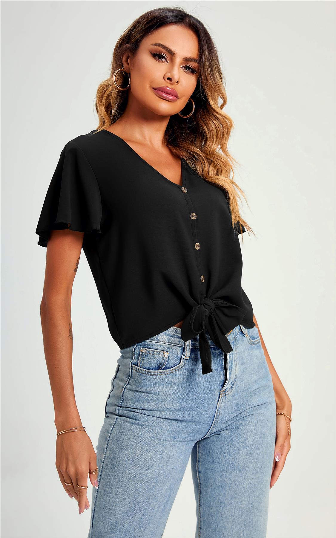 Cute Tie Knot Front Buttoned Crop T Shirt Top In Black - AXON