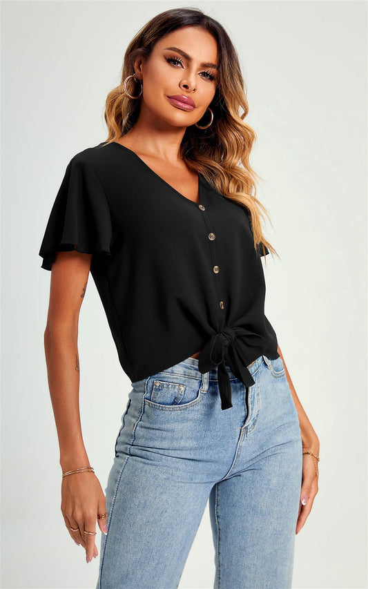 Cute Tie Knot Front Buttoned Crop T Shirt Top In Black - AXON