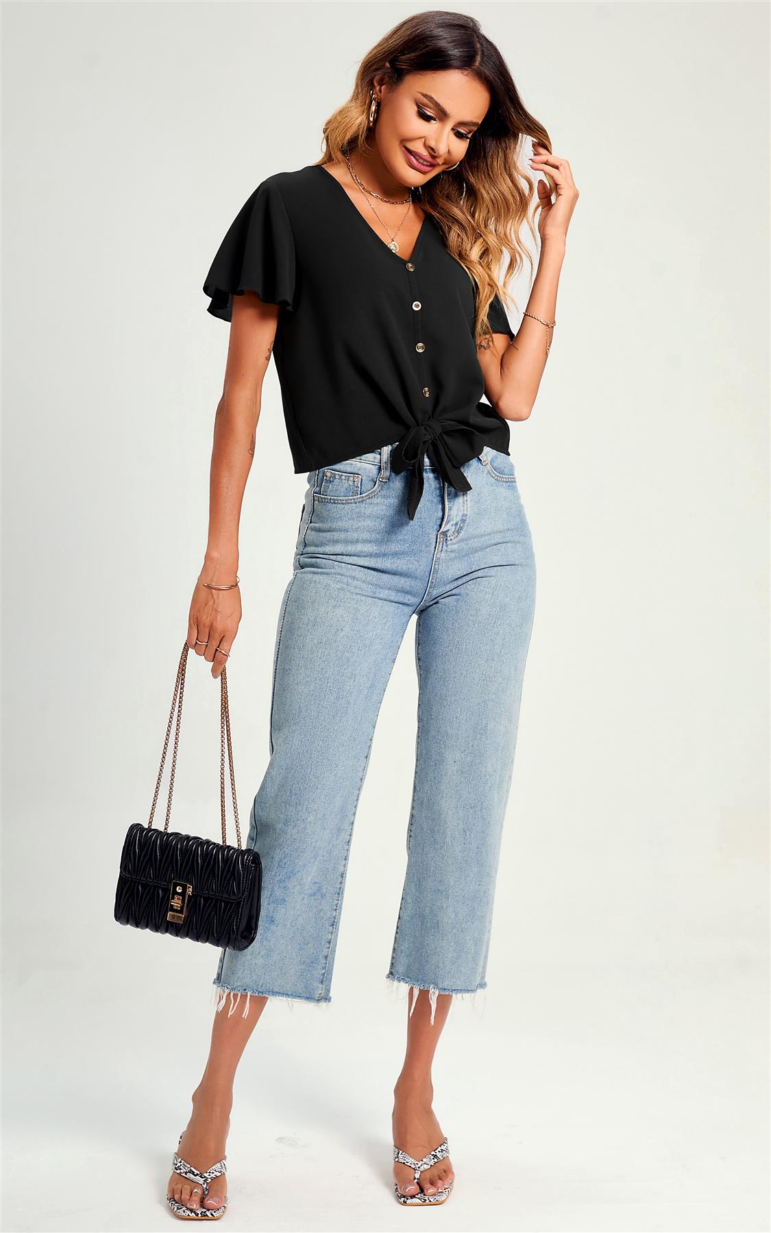 Cute Tie Knot Front Buttoned Crop T Shirt Top In Black - AXON