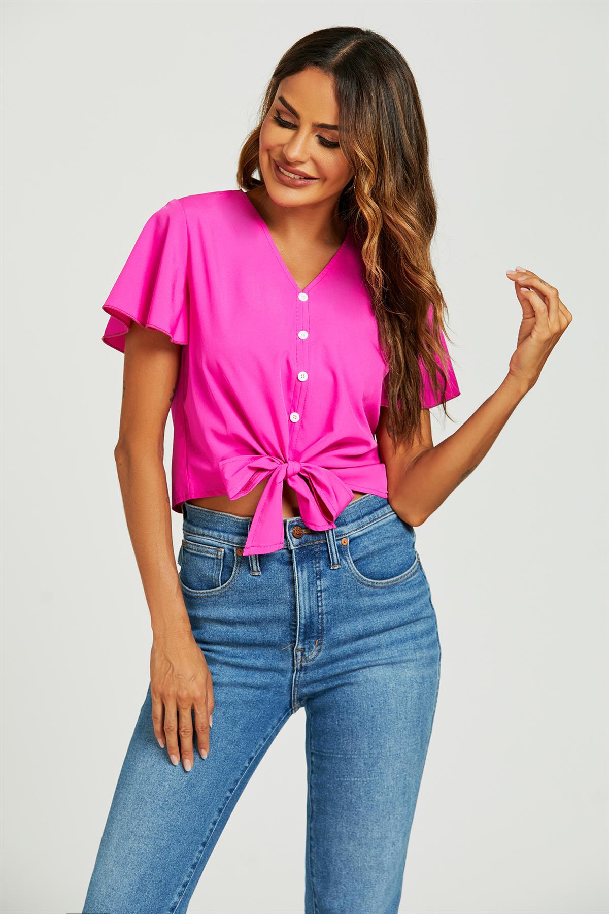 Cute Tie Knot Front Buttoned Crop T Shirt Top In Fuchsia Pink - AXON