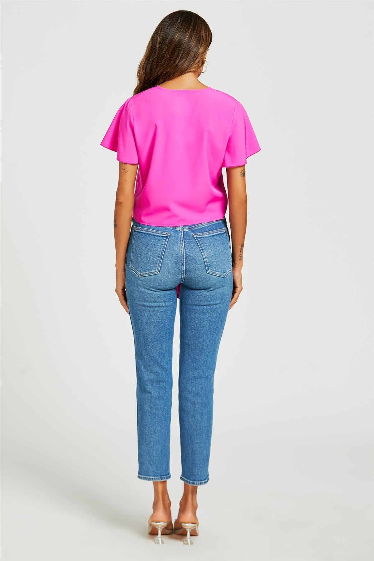 Cute Tie Knot Front Buttoned Crop T Shirt Top In Fuchsia Pink - AXON