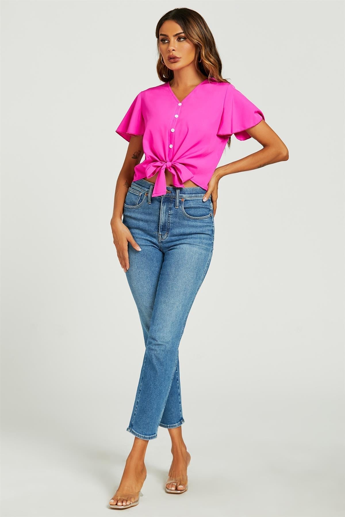 Cute Tie Knot Front Buttoned Crop T Shirt Top In Fuchsia Pink - AXON