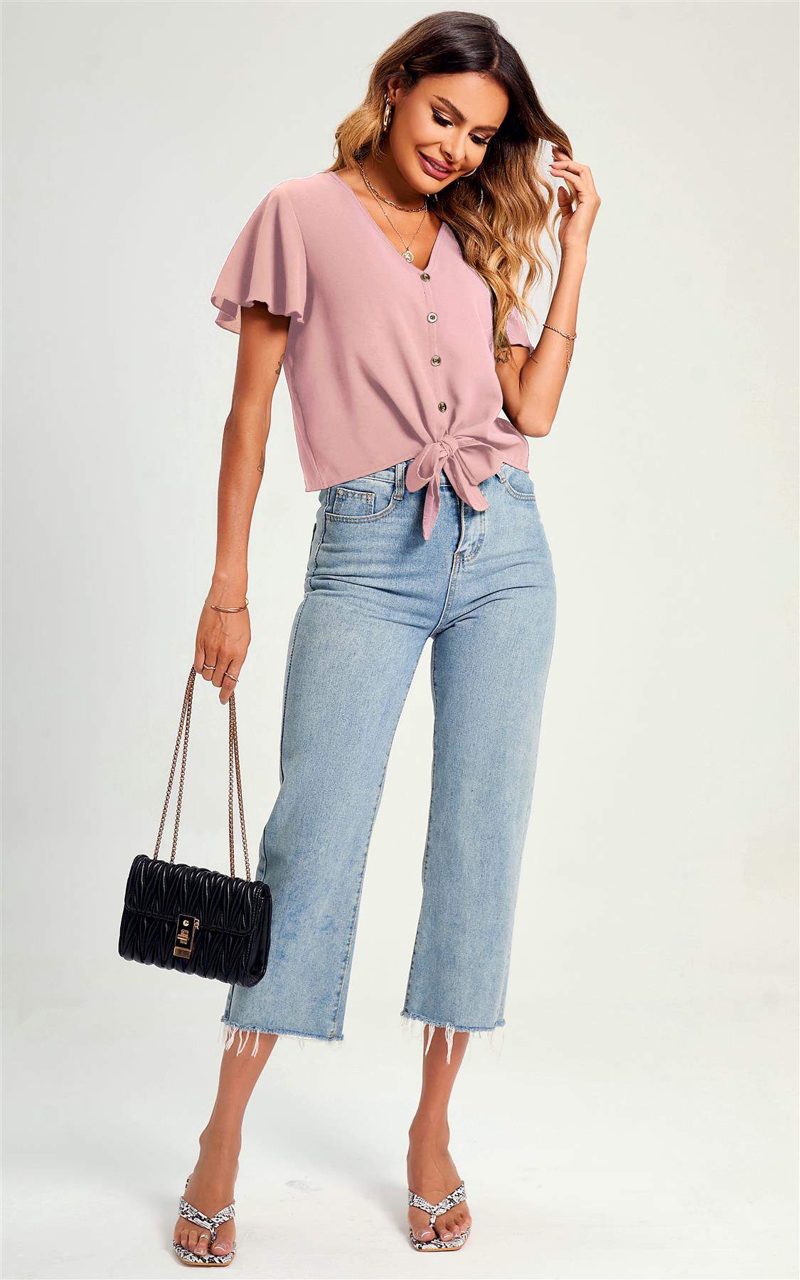 Cute Tie Knot Front Buttoned Crop T Shirt Top In Pink - AXON