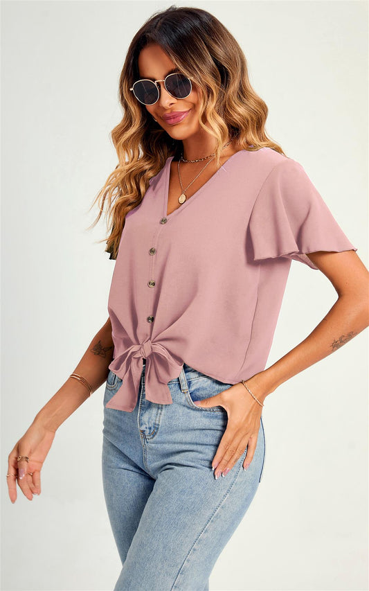 Cute Tie Knot Front Buttoned Crop T Shirt Top In Pink - AXON