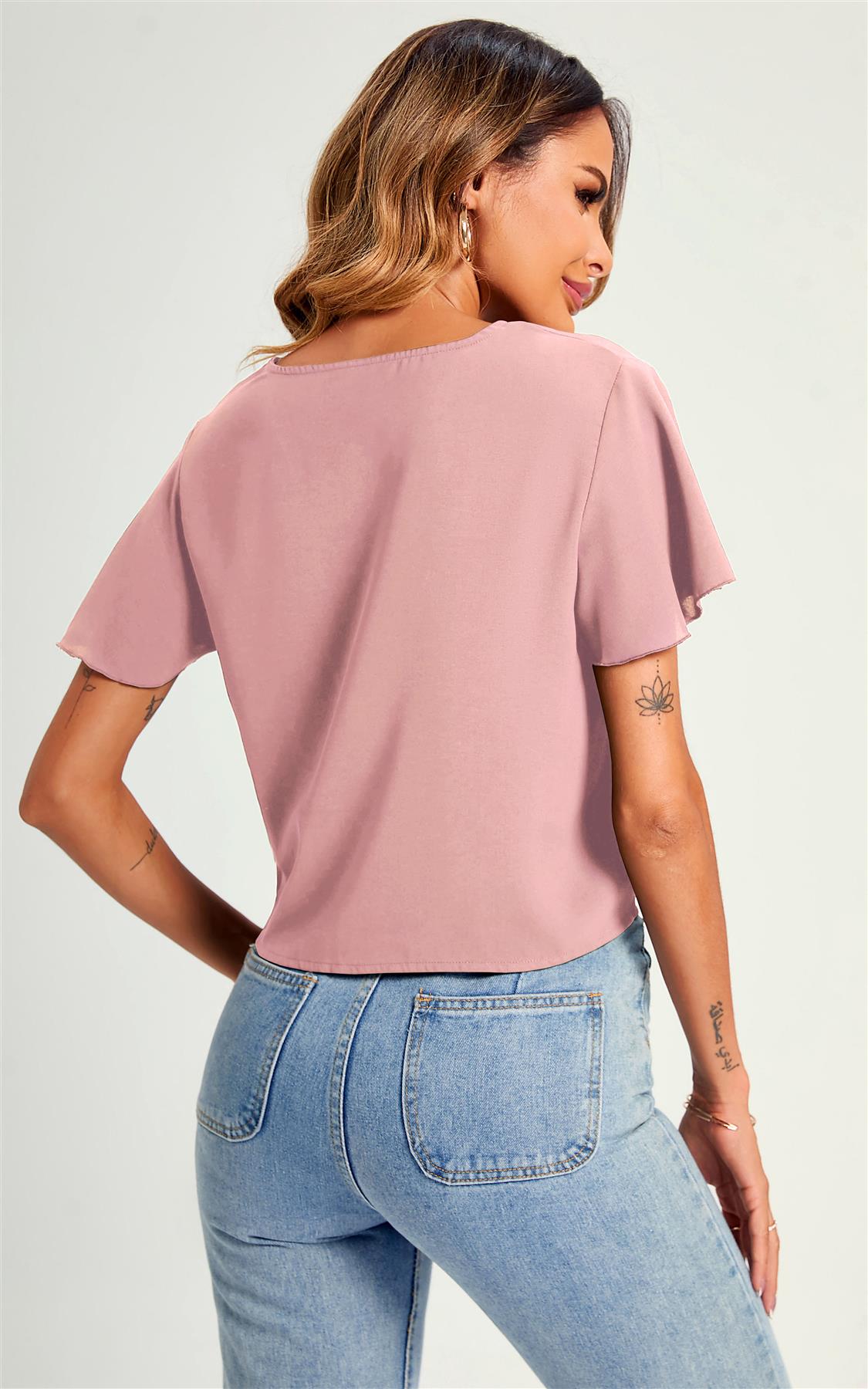 Cute Tie Knot Front Buttoned Crop T Shirt Top In Pink - AXON