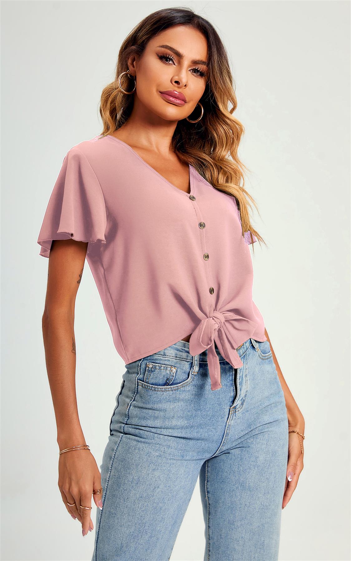 Cute Tie Knot Front Buttoned Crop T Shirt Top In Pink - AXON