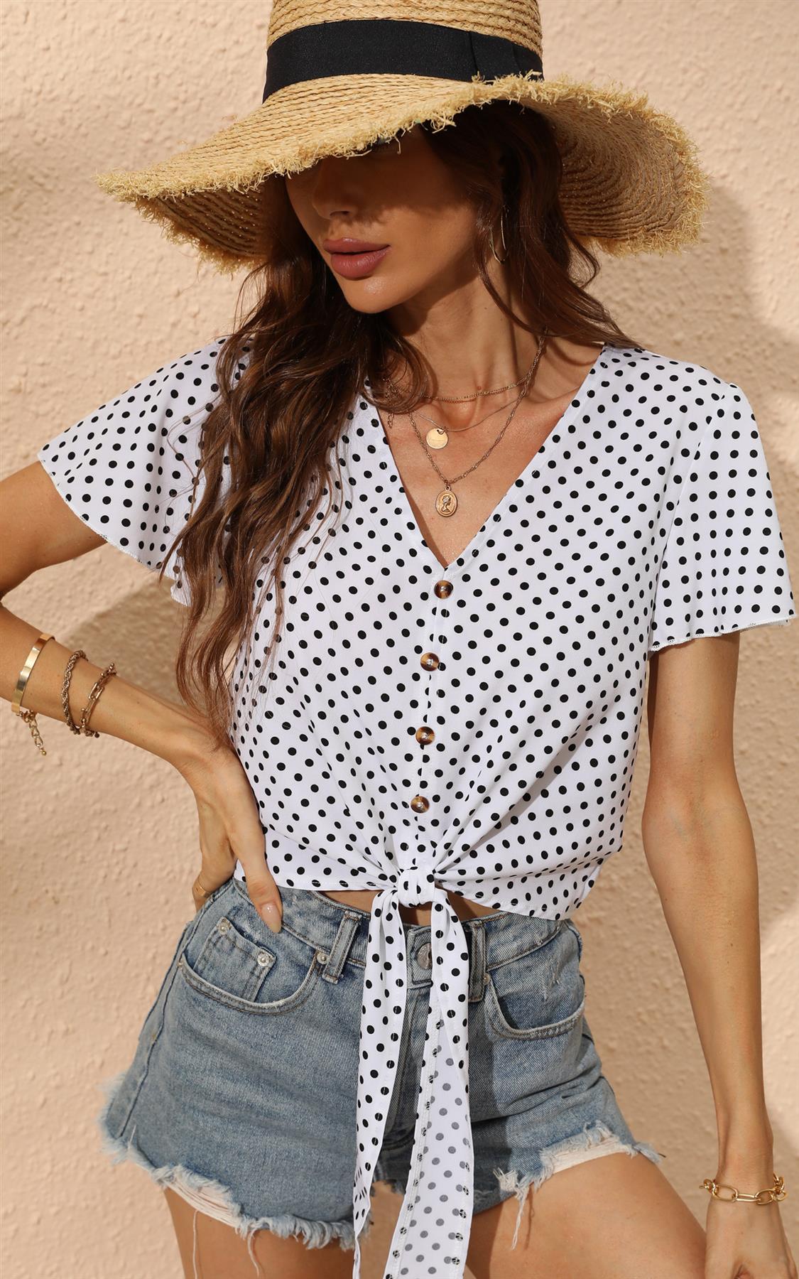 Cute Tie Knot Front Buttoned Crop T Shirt Top In White & Black Polka Dot Print - AXON