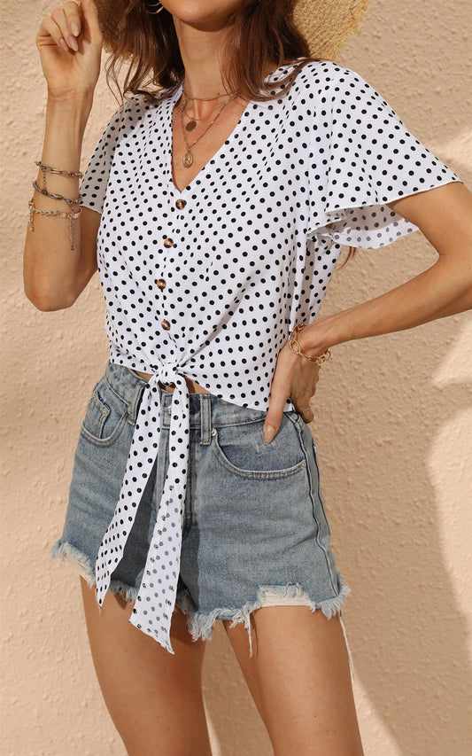 Cute Tie Knot Front Buttoned Crop T Shirt Top In White & Black Polka Dot Print - AXON