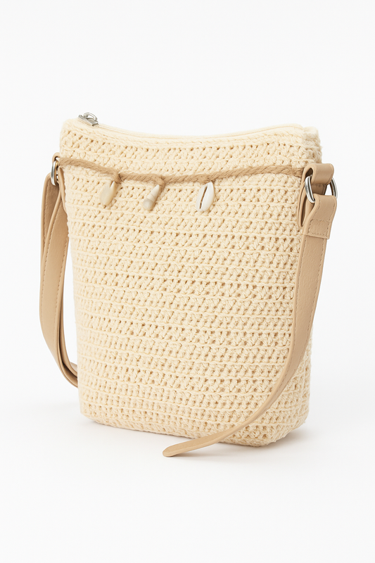 XS Damen Bast Tasche » kleine Umhängetasche ca. 18 x 15 cm » sommerliche Clutch » Handtasche mit kleinen Muscheln