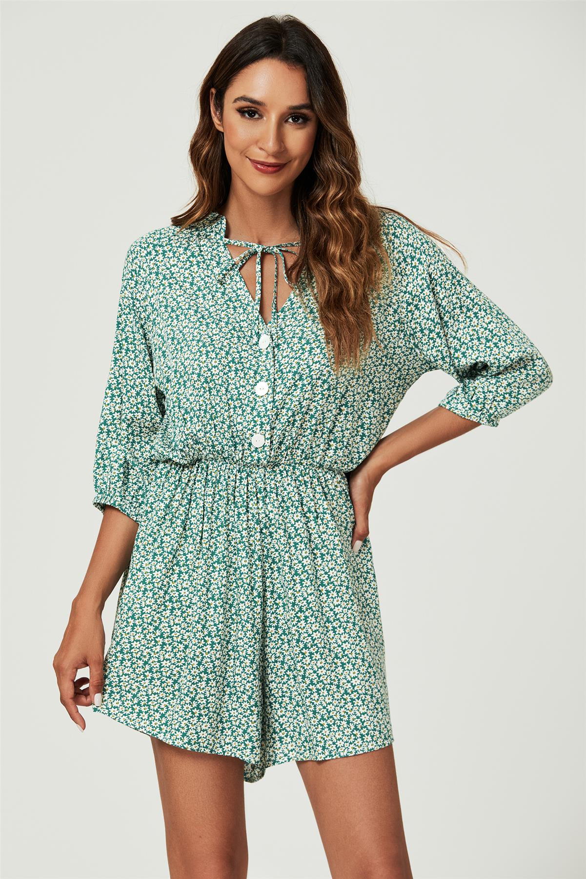 Daisy Floral Print Boho Playsuit With Buttons In Green - AXON