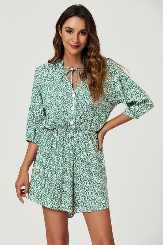 Daisy Floral Print Boho Playsuit With Buttons In Green - AXON