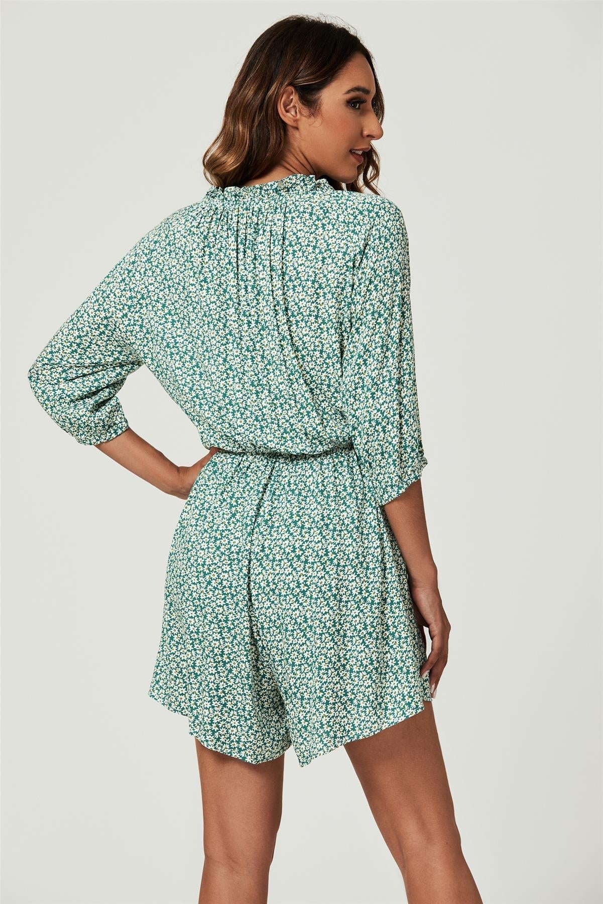 Daisy Floral Print Boho Playsuit With Buttons In Green - AXON