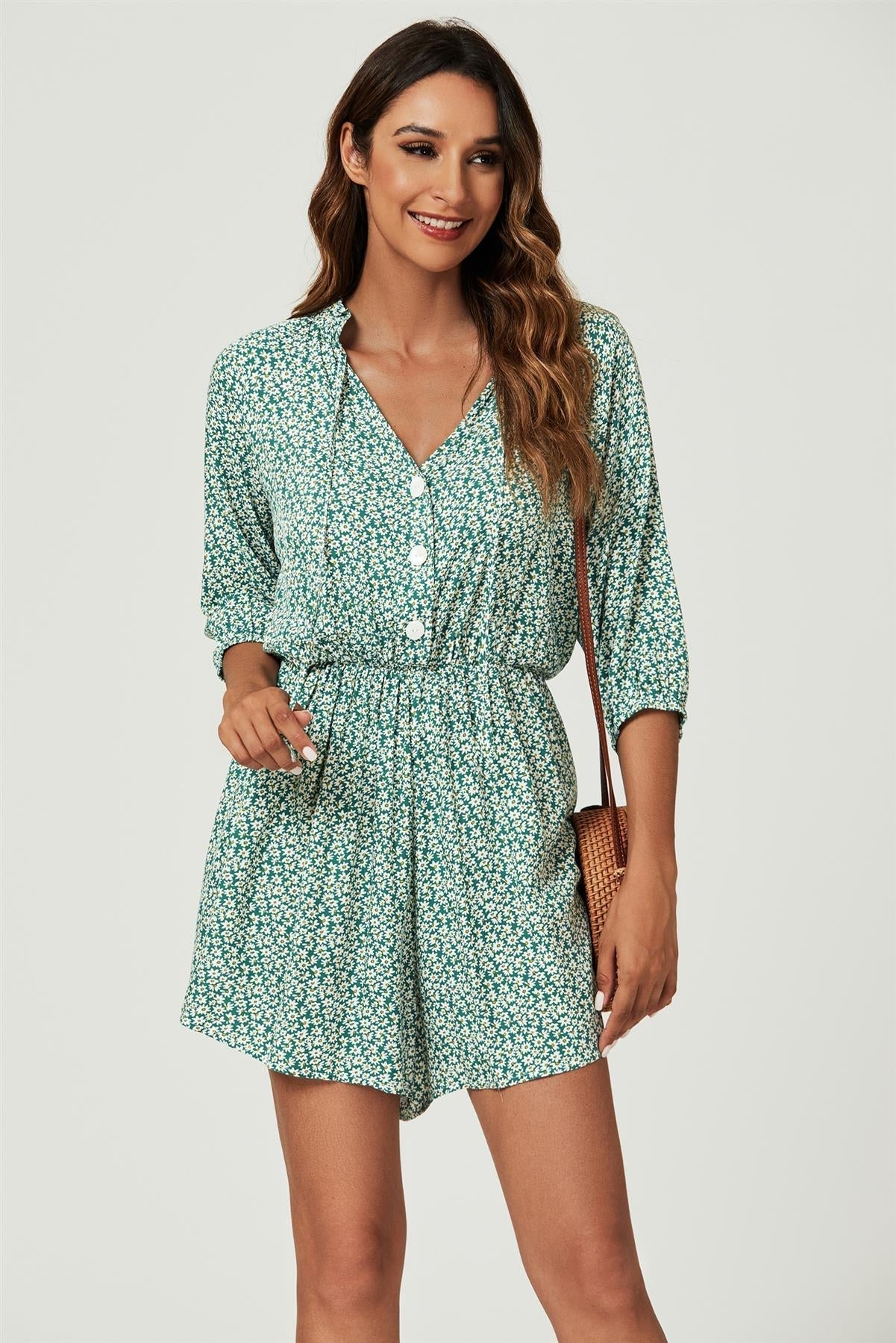 Daisy Floral Print Boho Playsuit With Buttons In Green - AXON