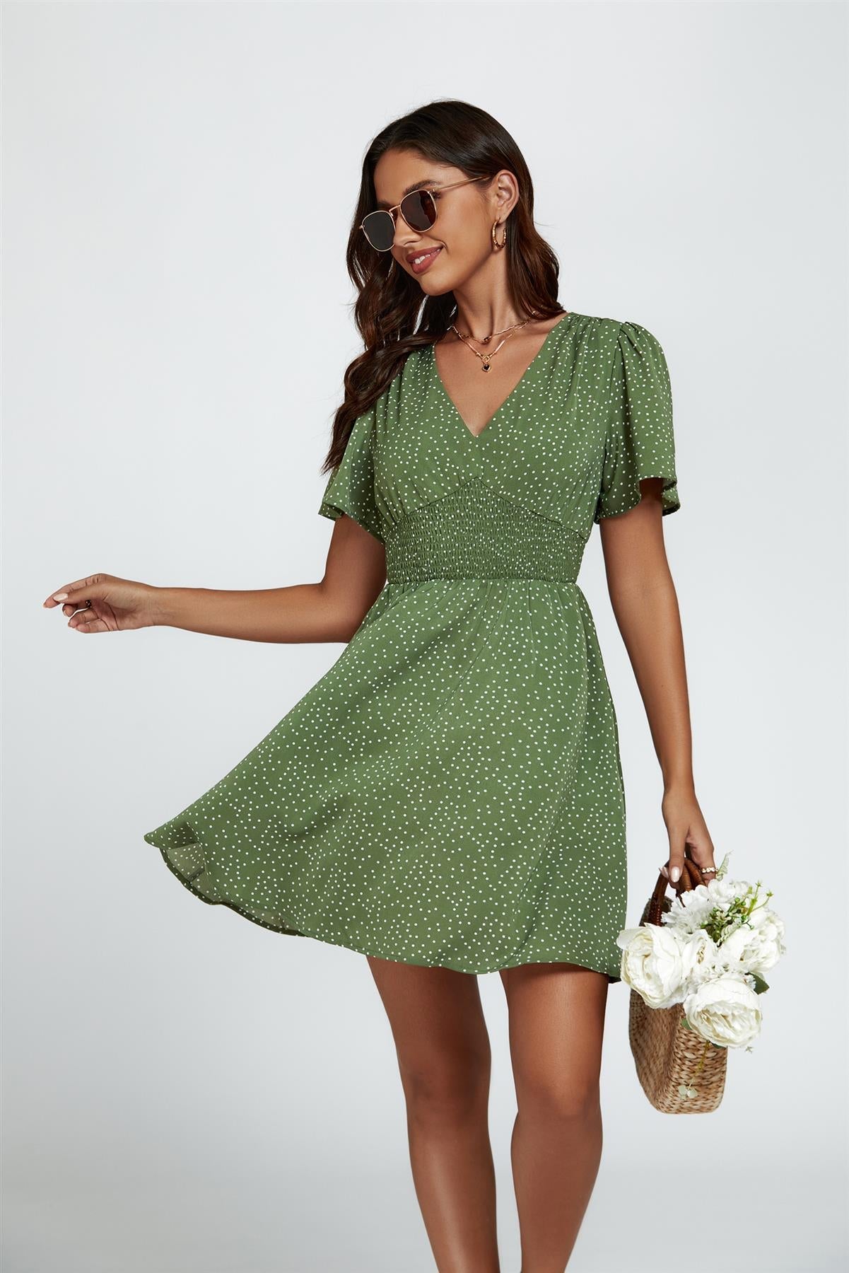 Dot Print Short Sleeve Mini Dress In Green - AXON