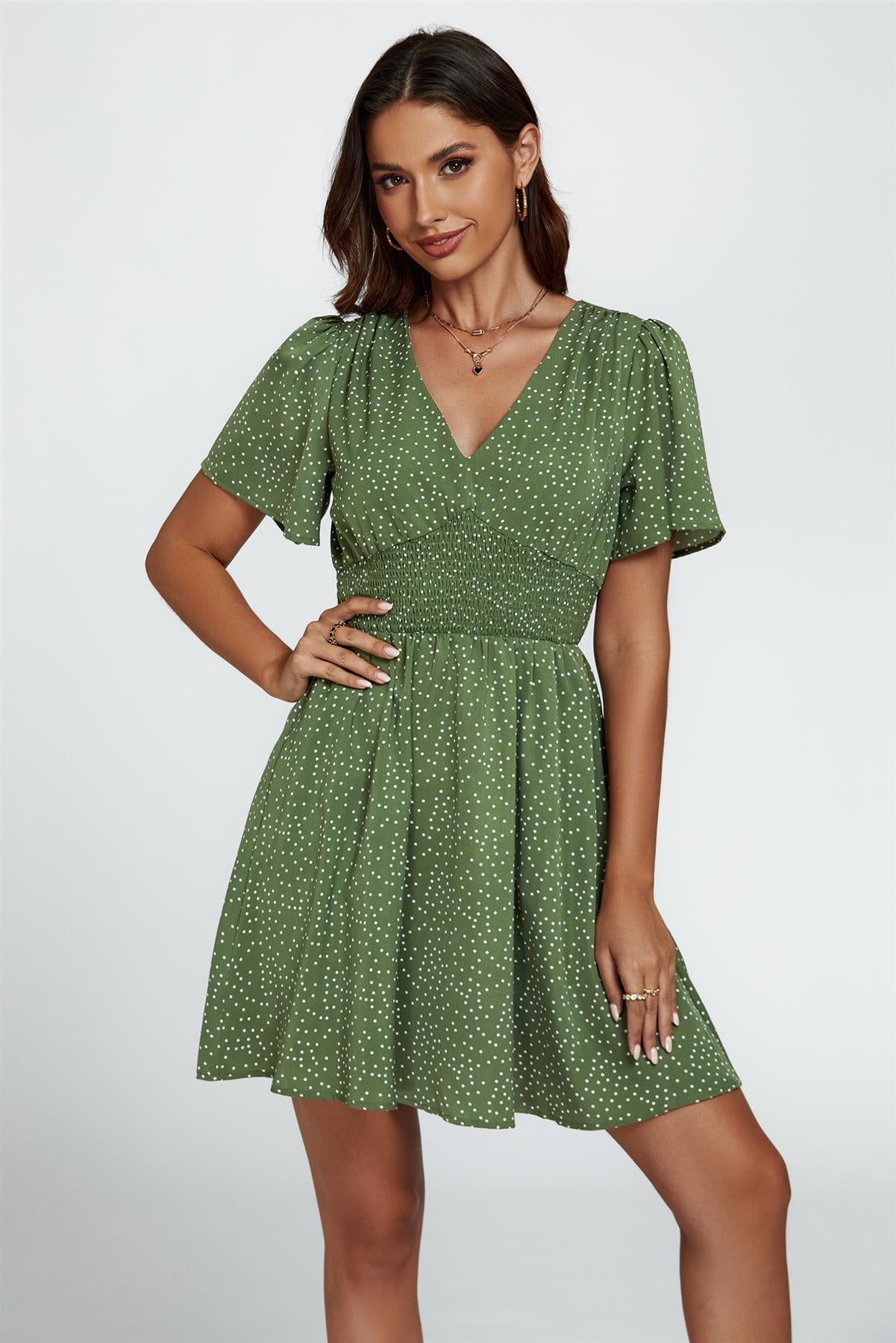 Dot Print Short Sleeve Mini Dress In Green - AXON