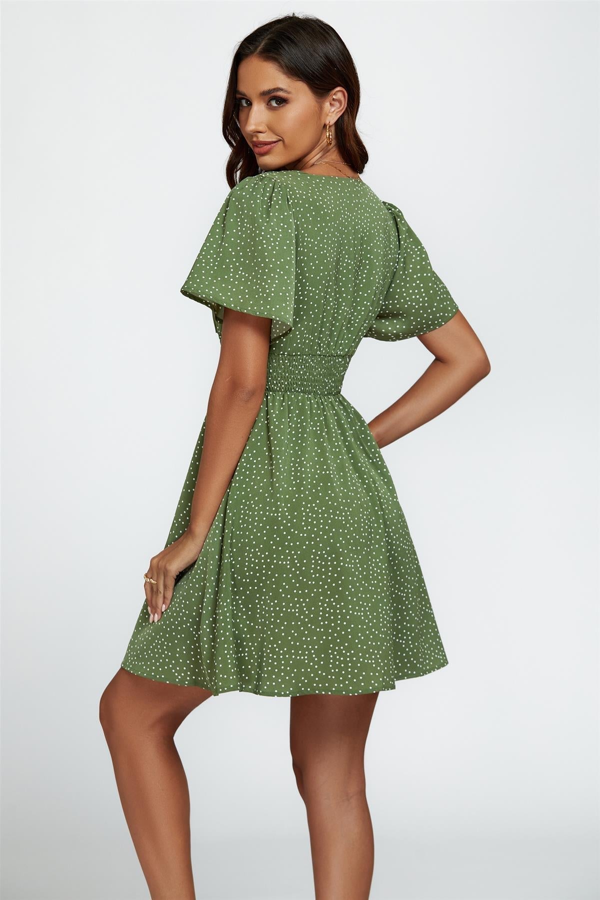 Dot Print Short Sleeve Mini Dress In Green - AXON