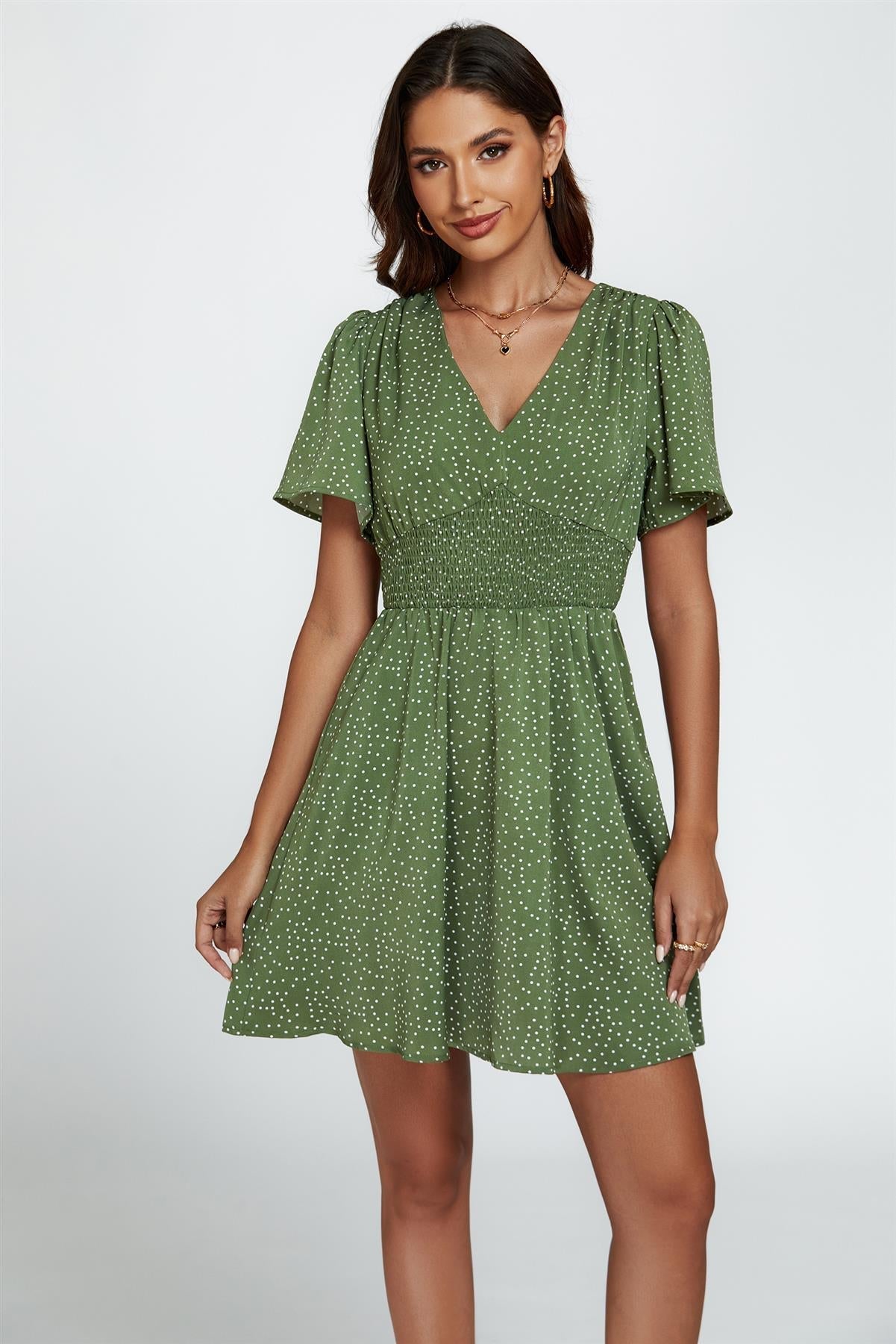 Dot Print Short Sleeve Mini Dress In Green - AXON