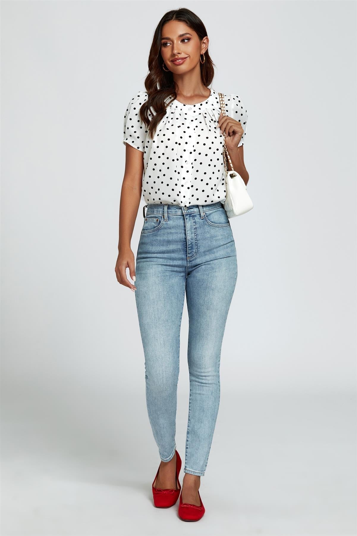 Dot Print Short Sleeves Top In White - AXON