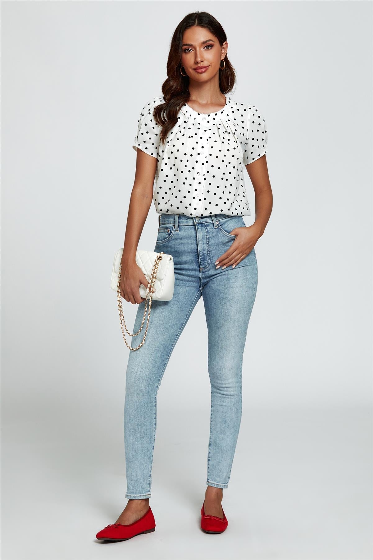 Dot Print Short Sleeves Top In White - AXON