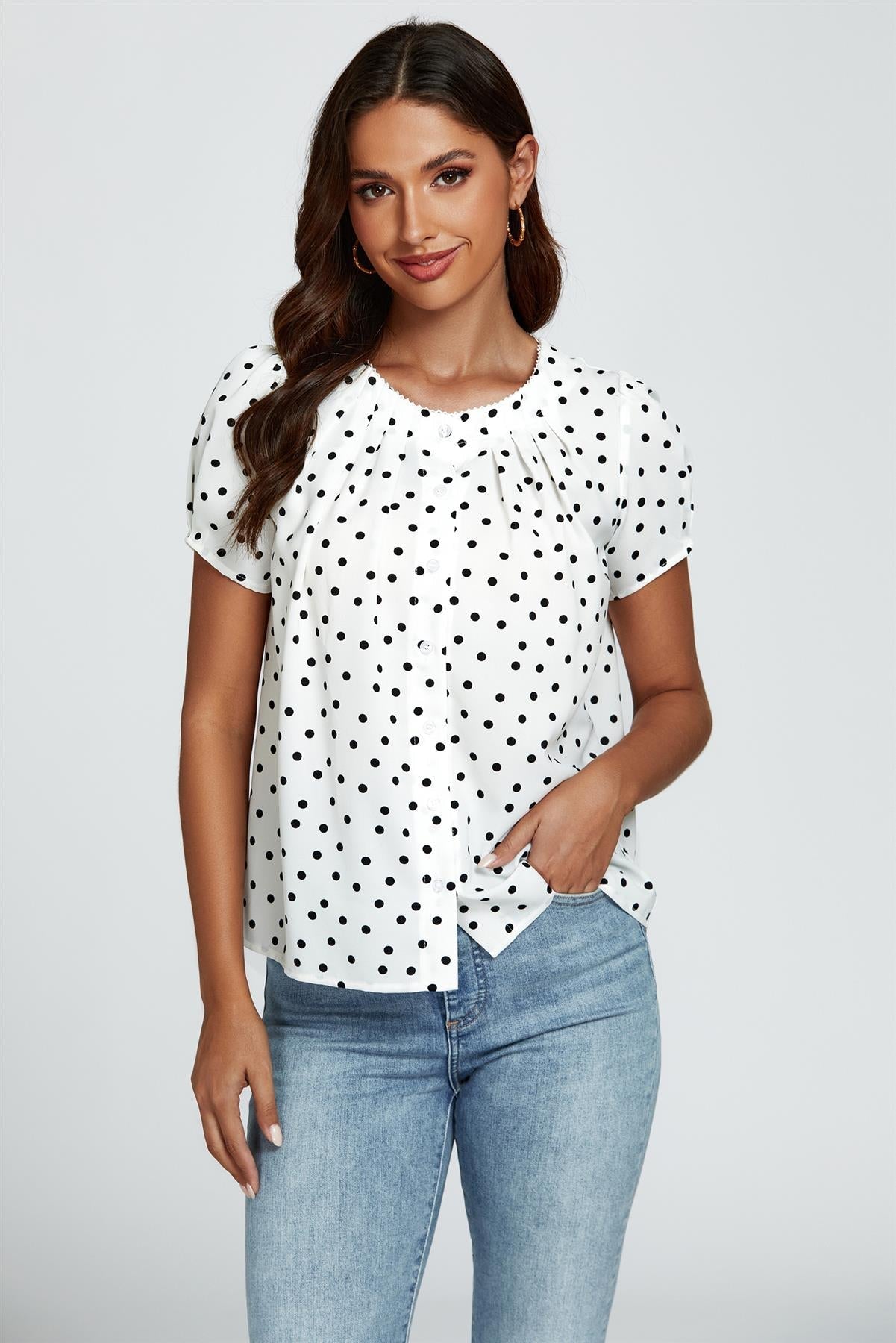 Dot Print Short Sleeves Top In White - AXON