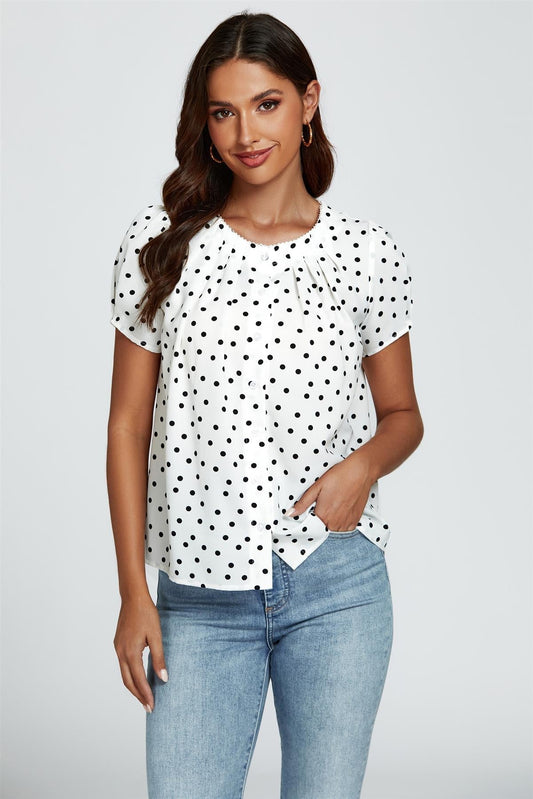 Dot Print Short Sleeves Top In White - AXON