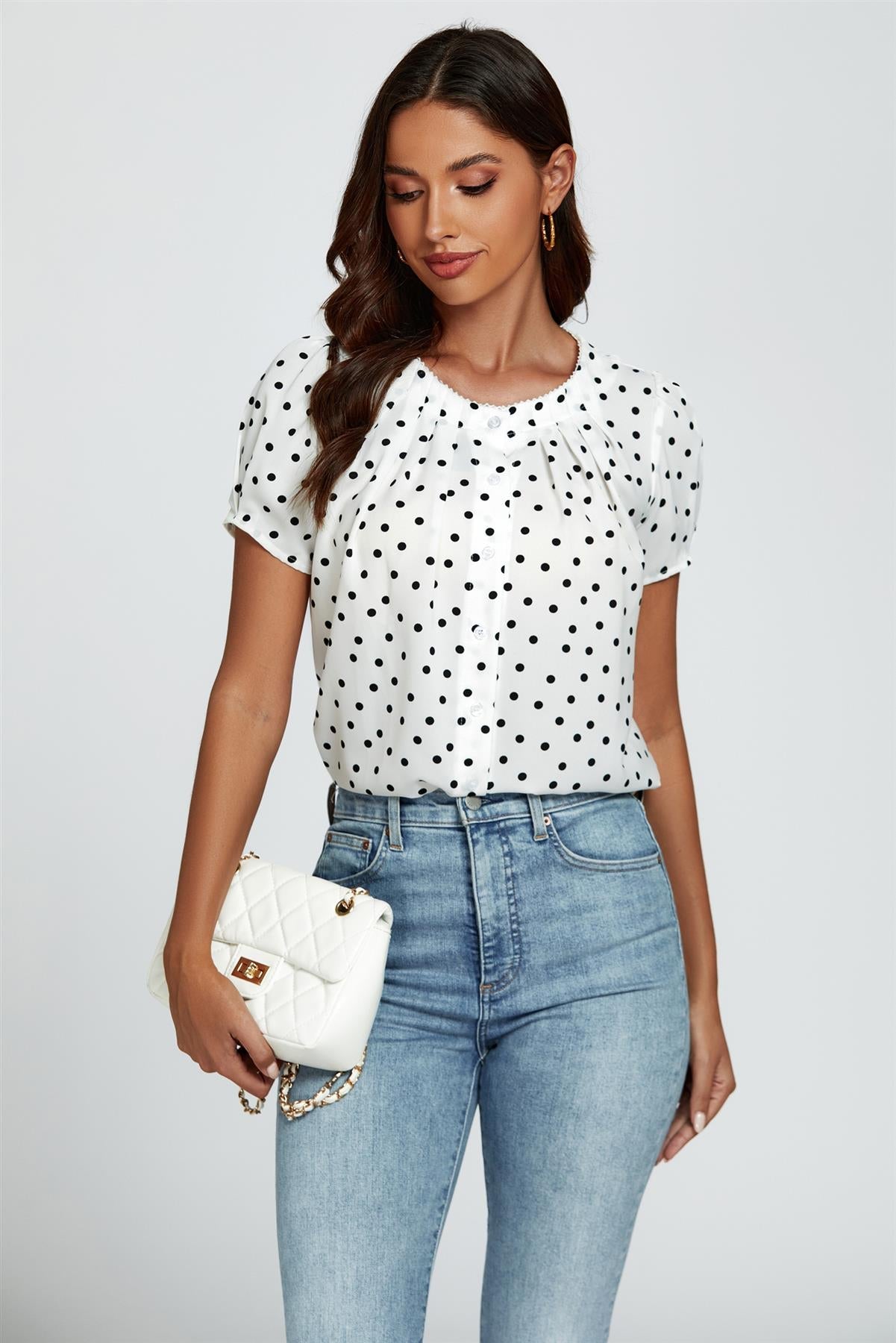 Dot Print Short Sleeves Top In White - AXON