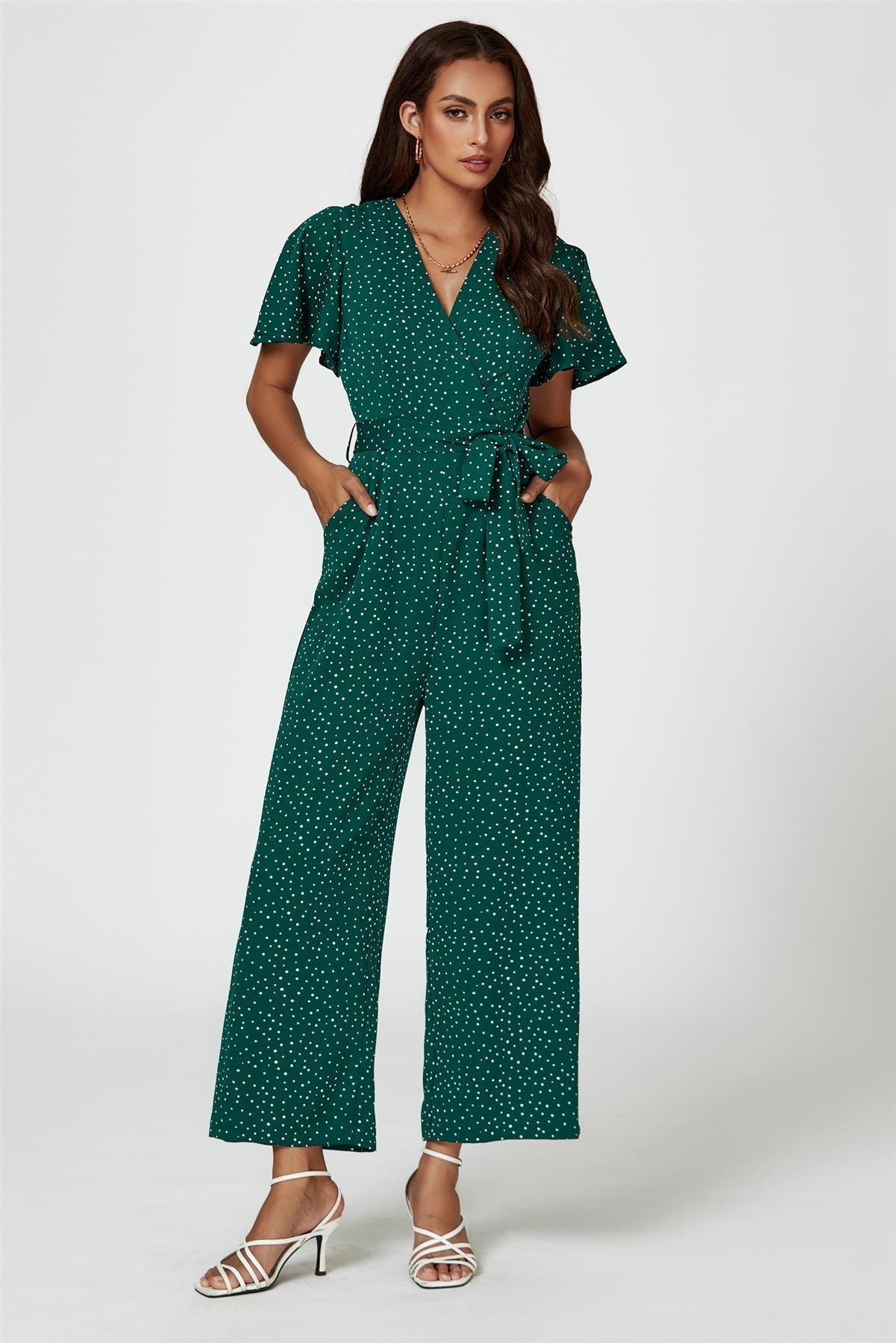 Dot Print Wrap Top Jumpsuit In Green - AXON
