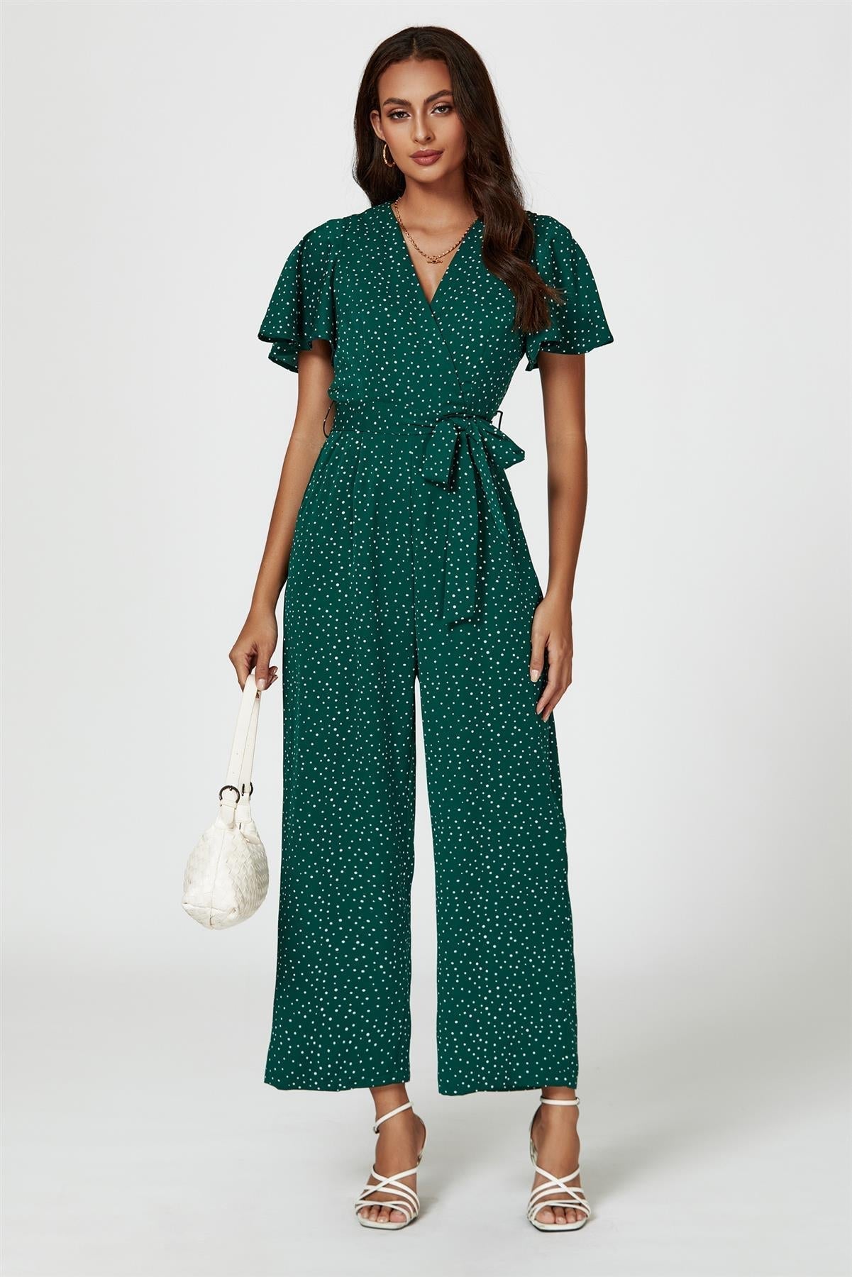 Dot Print Wrap Top Jumpsuit In Green - AXON
