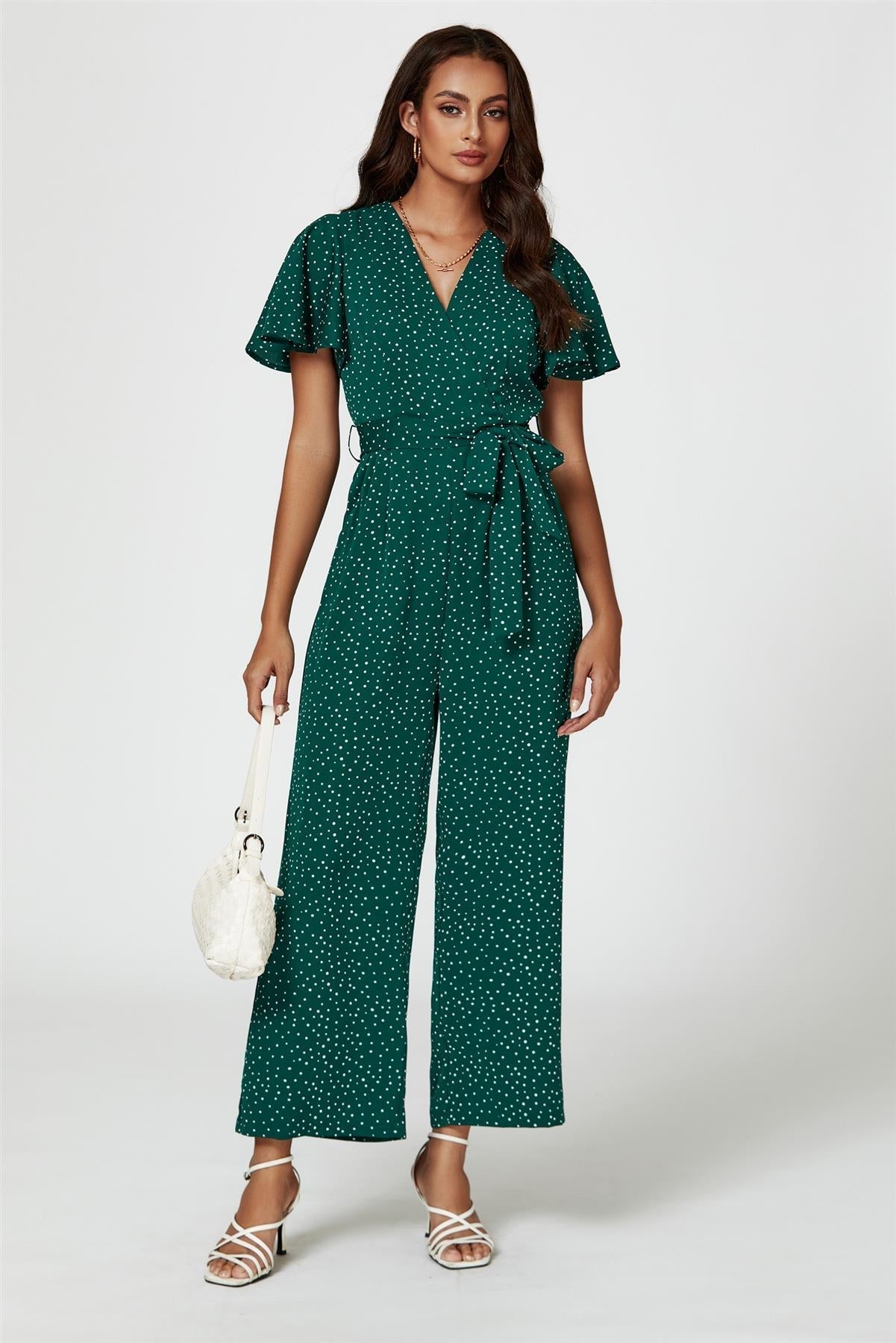 Dot Print Wrap Top Jumpsuit In Green - AXON