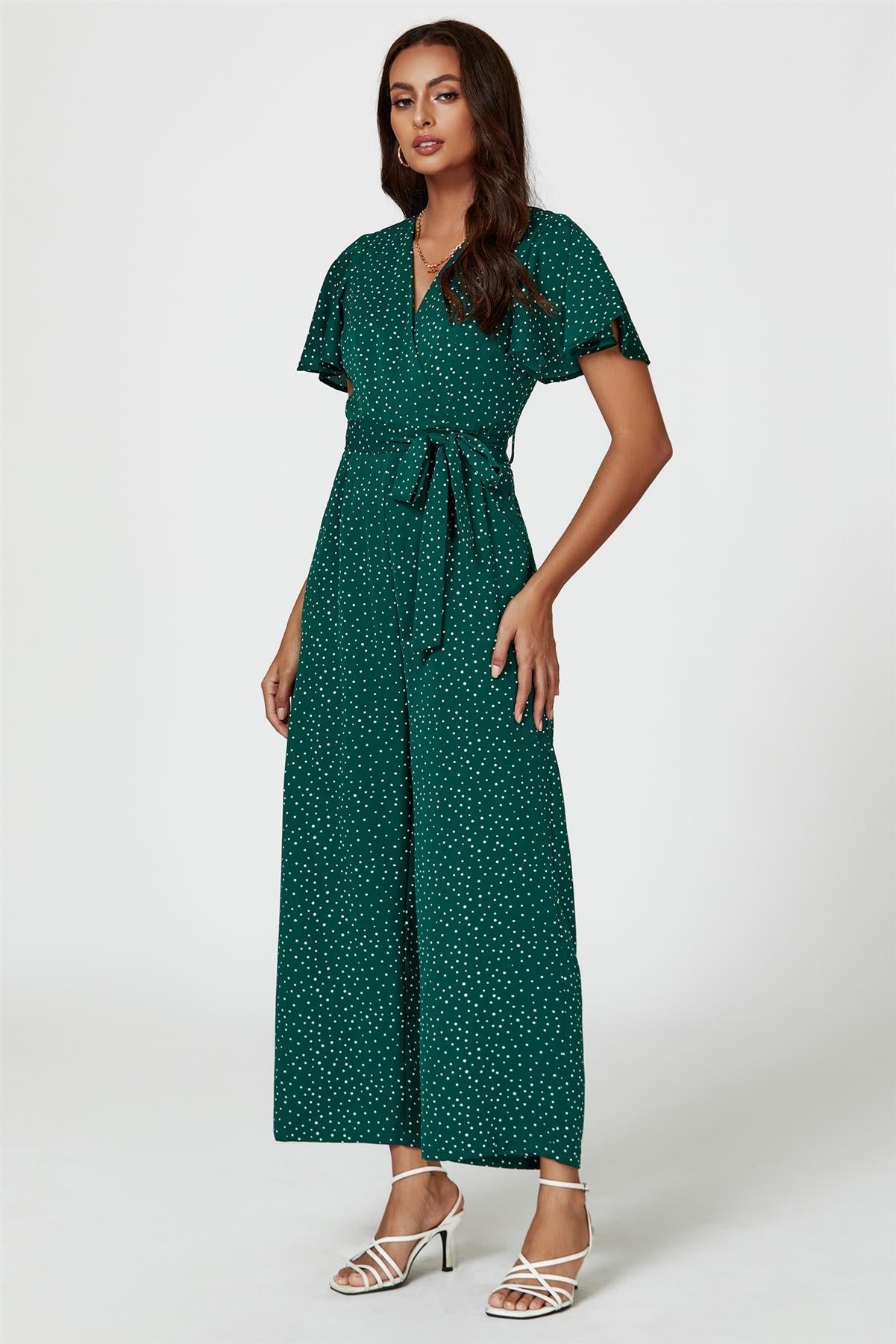 Dot Print Wrap Top Jumpsuit In Green - AXON
