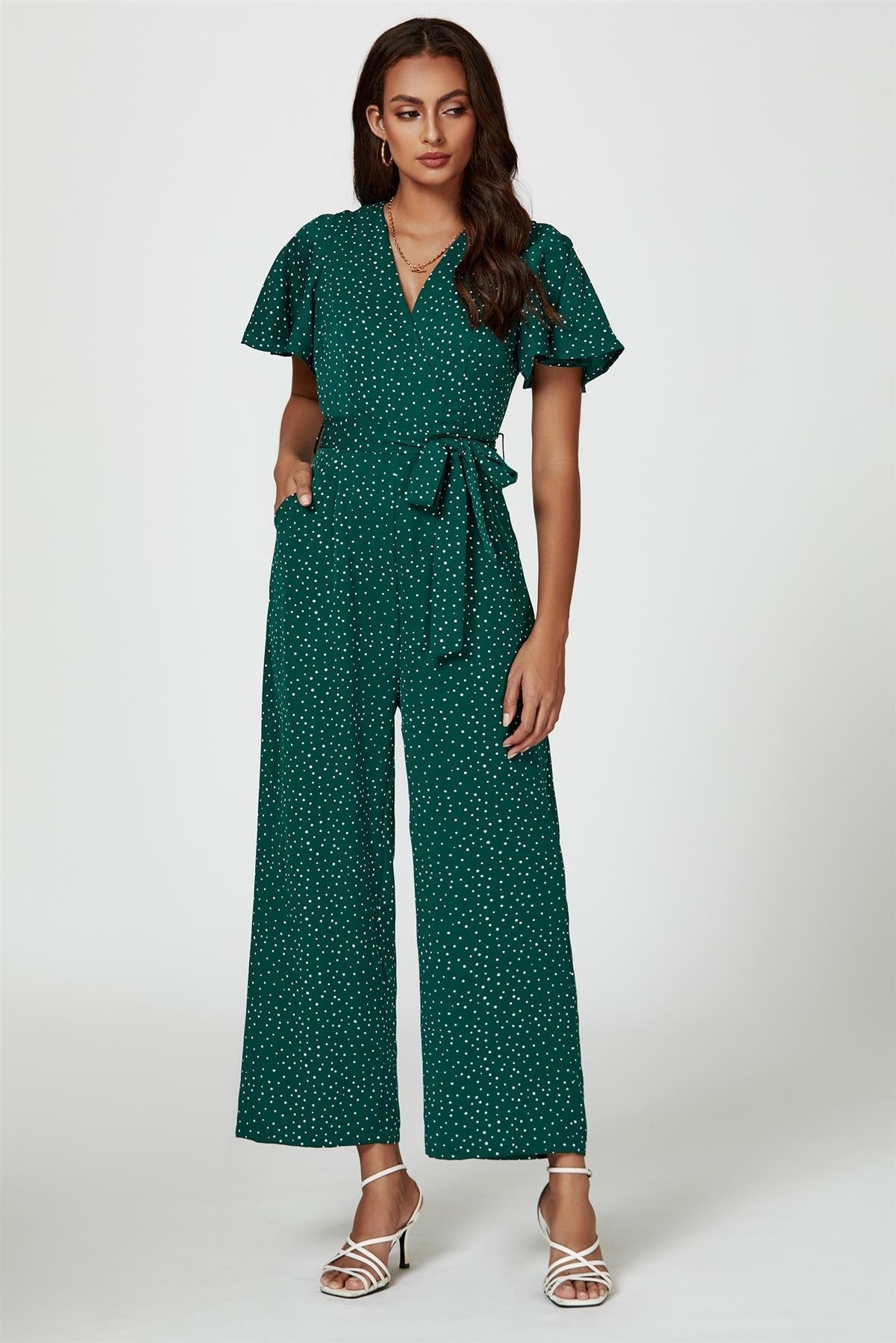 Dot Print Wrap Top Jumpsuit In Green - AXON