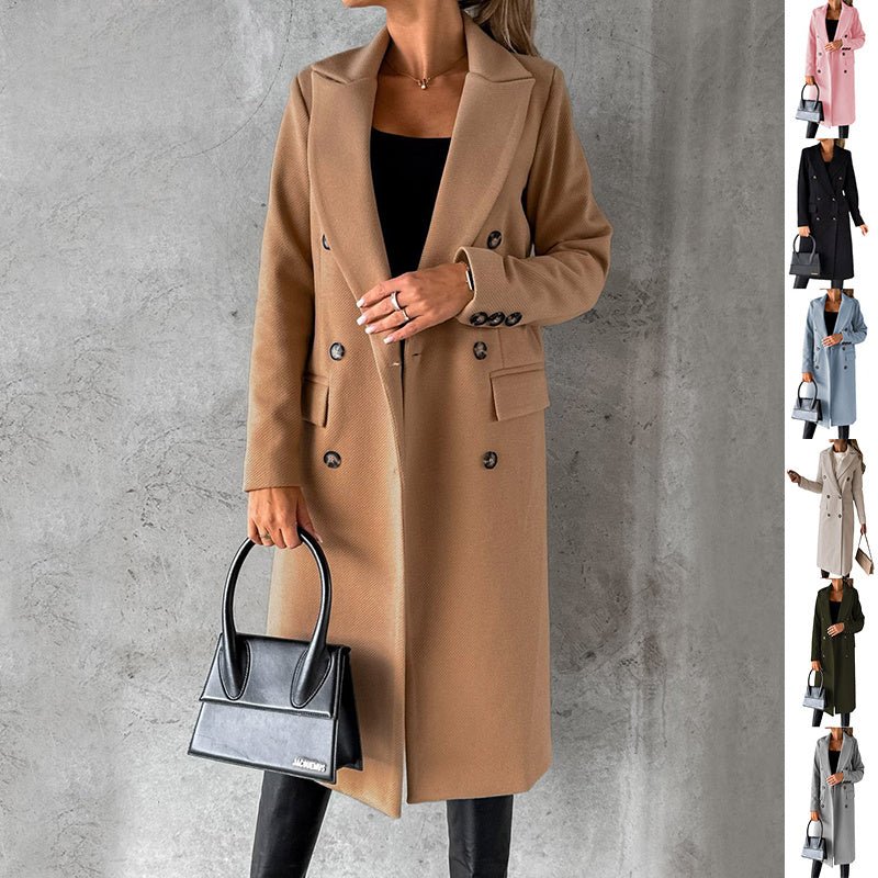 Double Breasted Lapel Coat Winter Fashion Solid Slim Long Jacket Long Sleeve Tops Womens Clothing - AXON