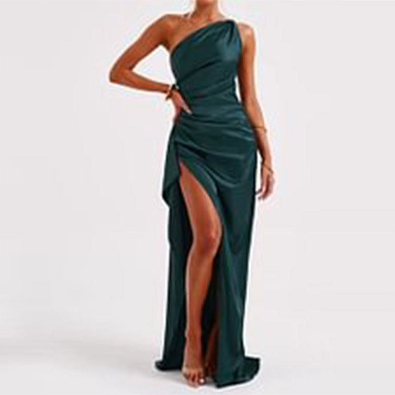 Sexy One-shoulder Backless Slit Dress Sexy Elegant Slim-fit Solid Color Satin Dresses For Solid Color