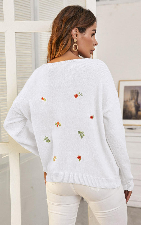 Embroidery Floral V Neck Jumper In White - AXON