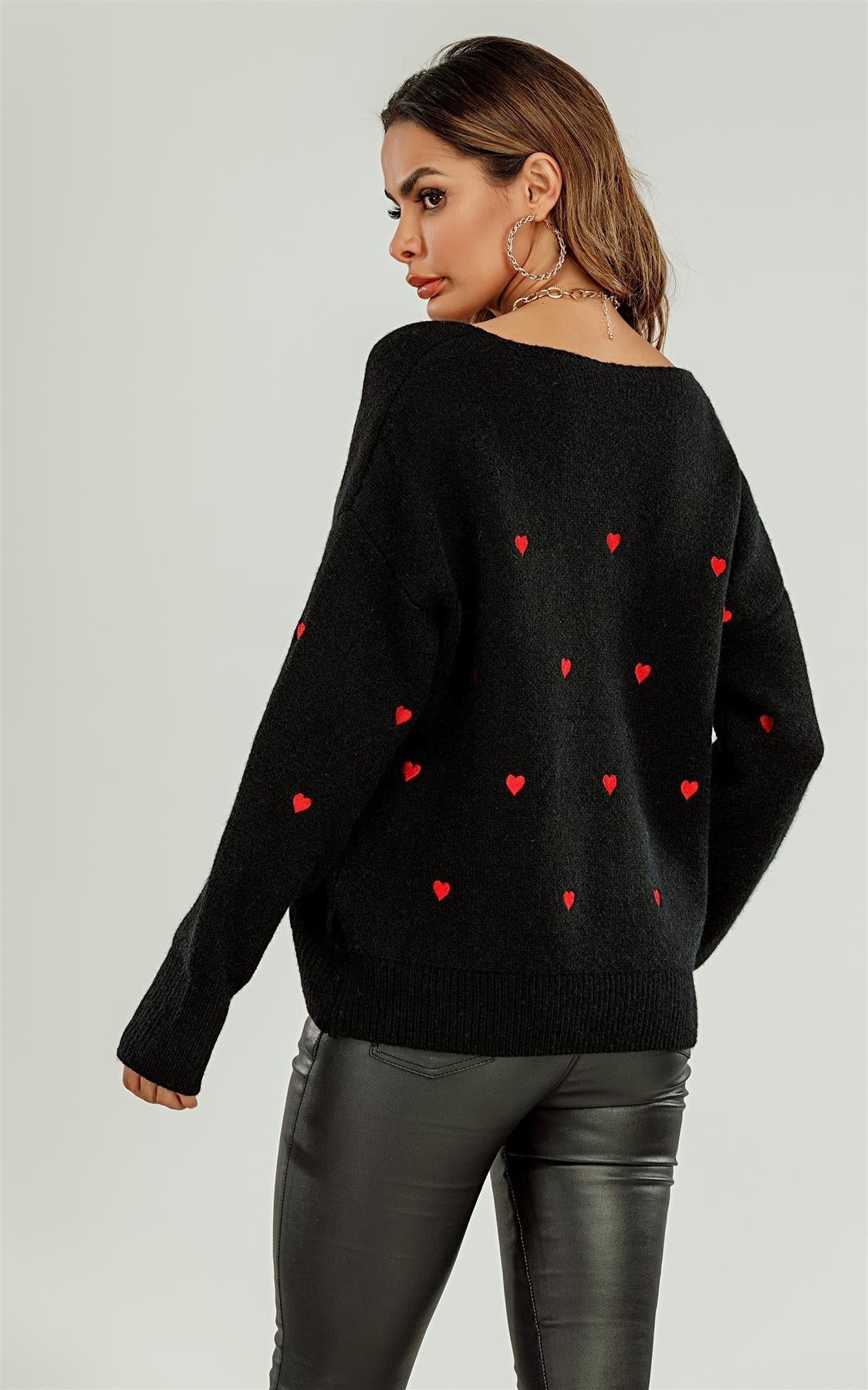 Embroidery Red Heart V Neck Jumper In Black - AXON