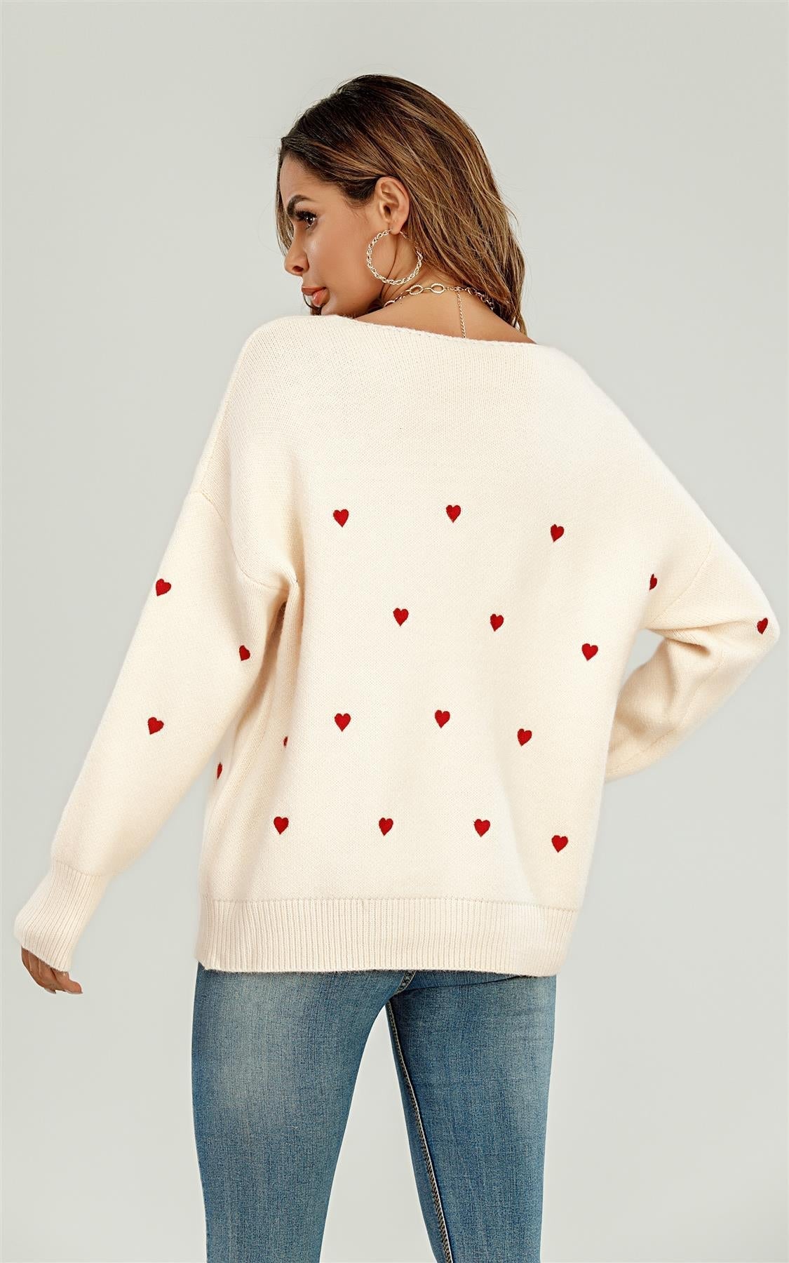 Embroidery Red Heart V Neck Jumper In Cream - AXON
