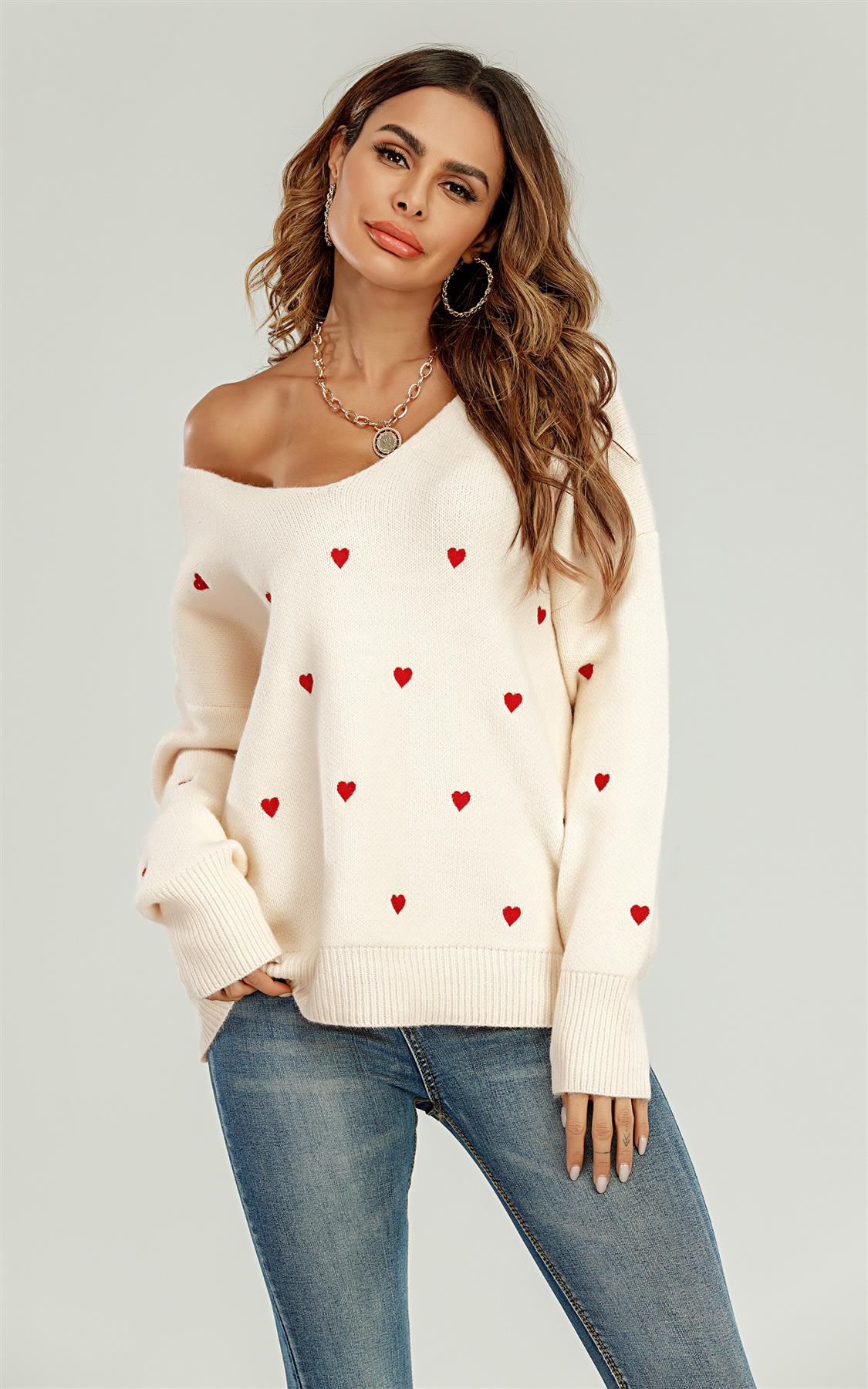 Embroidery Red Heart V Neck Jumper In Cream - AXON