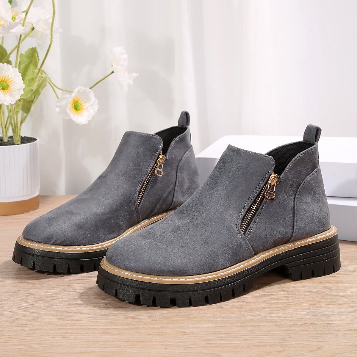 Fashion Ankle Boots With Side Zipper Ins Chunky Boots Autumn Winter Suede Shoes Women - AXON